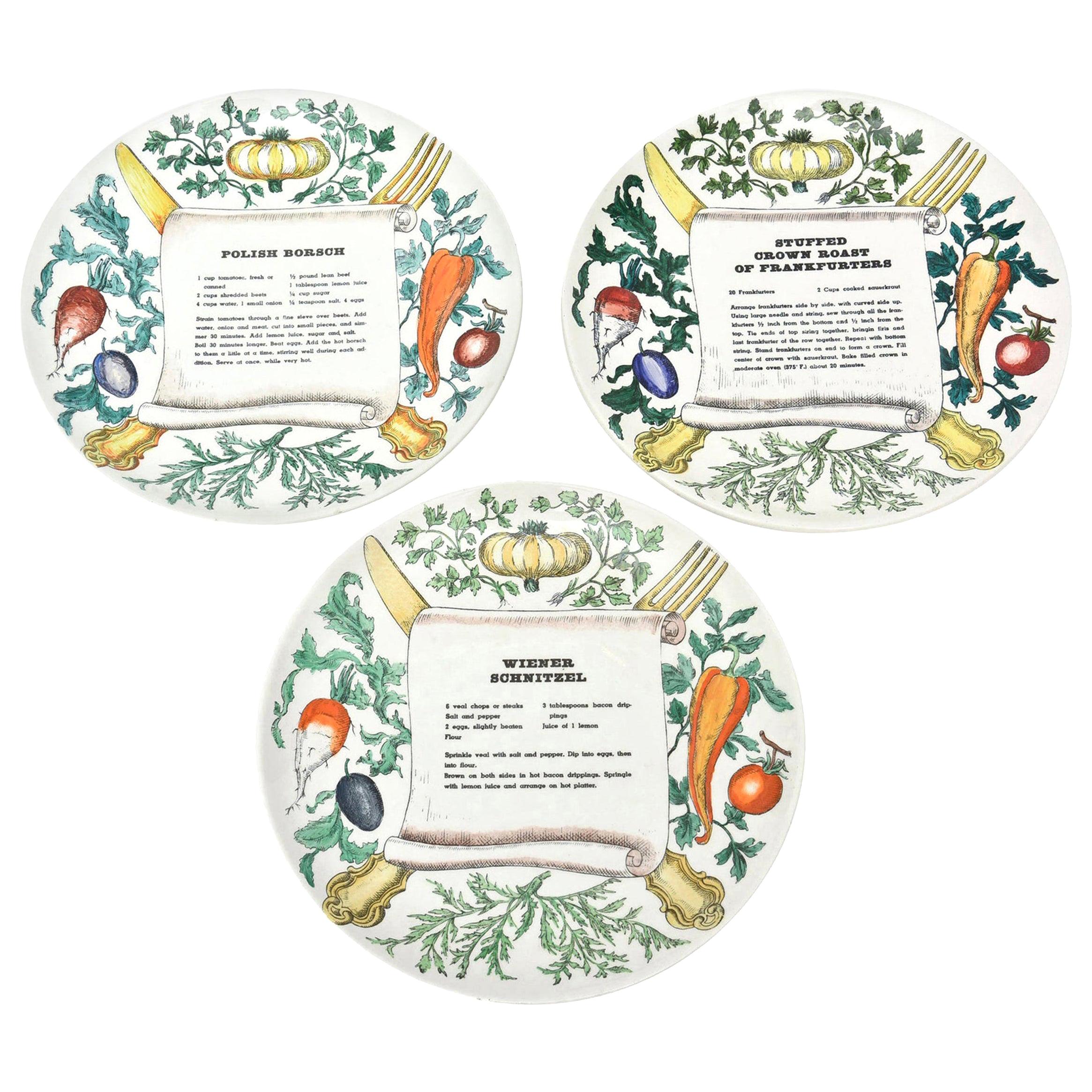 Piero Fornasetti Porcelain "Recipe" Plates Mid-Century Modern Set of Three For Sale