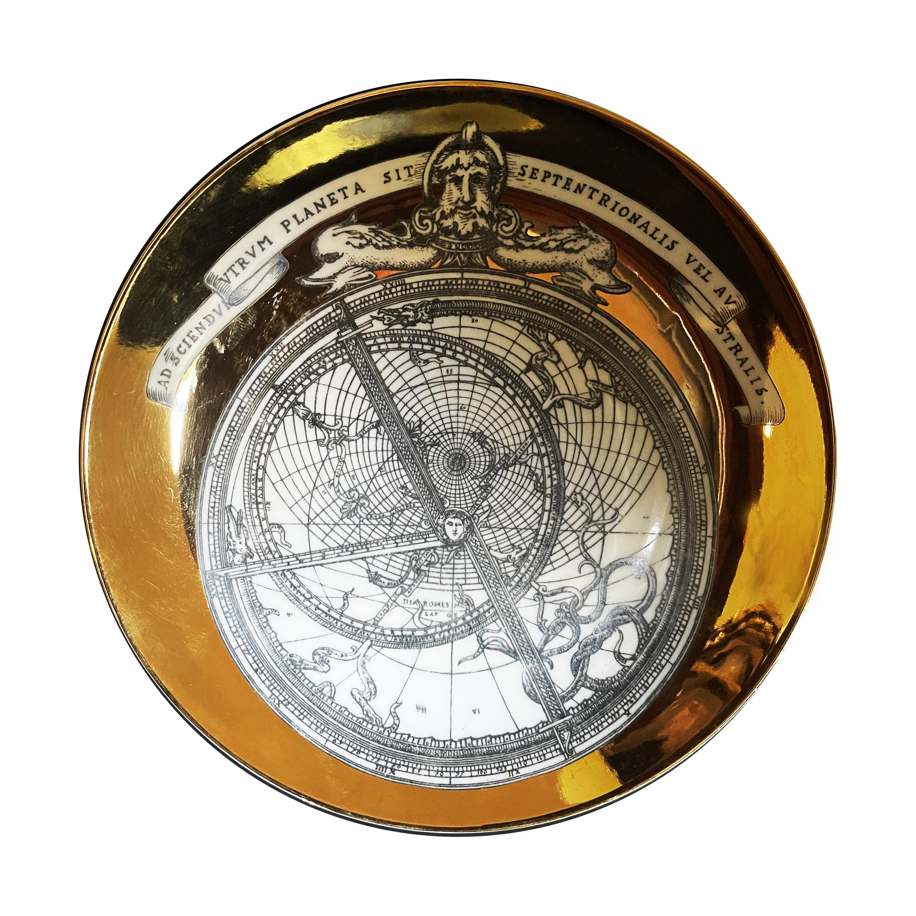 Mid-20th Century Piero Fornasetti Porcelain Set of 8 Gilted Astrolabe Plates For Sale