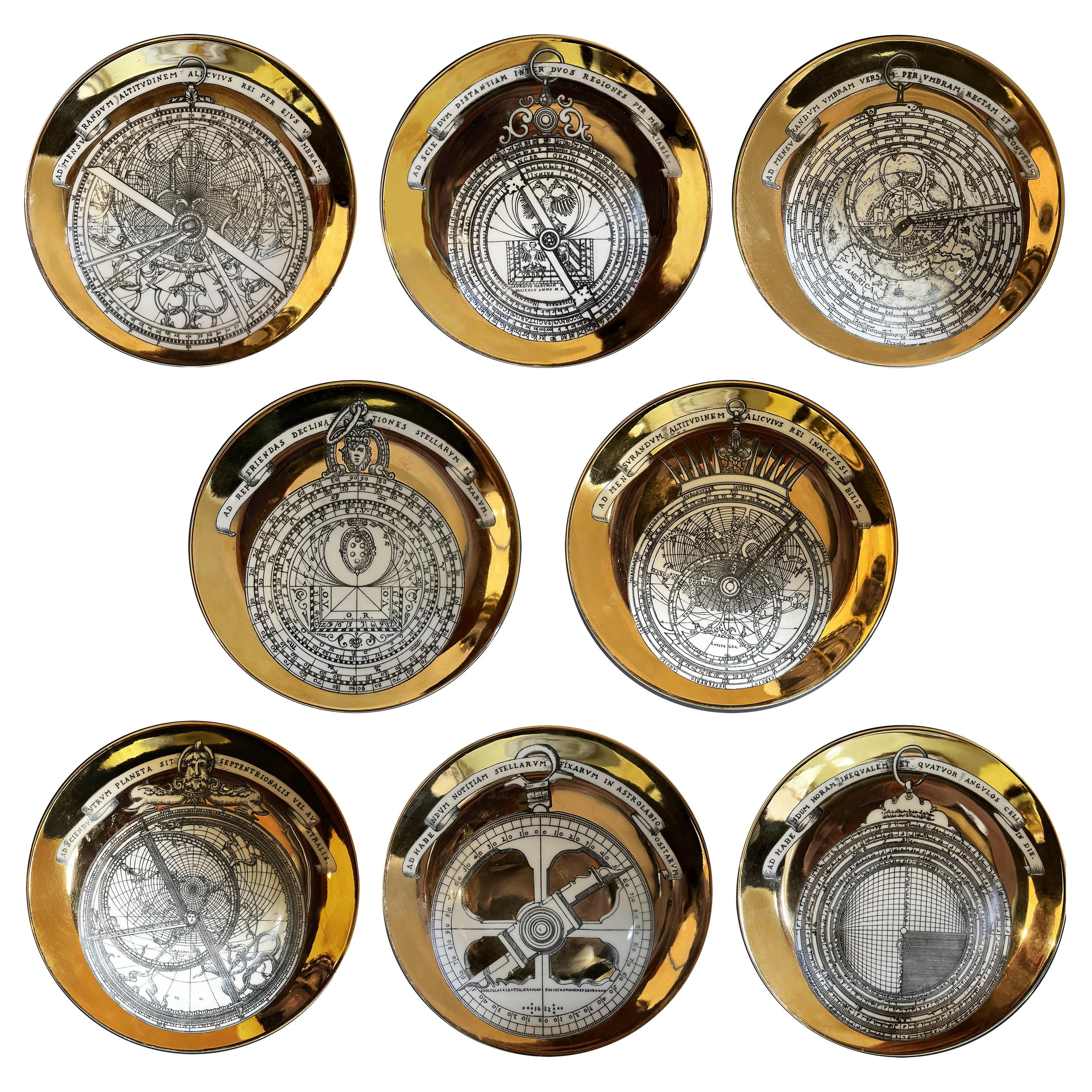 Piero Fornasetti Porcelain Set of 8 Gilted Astrolabe Plates