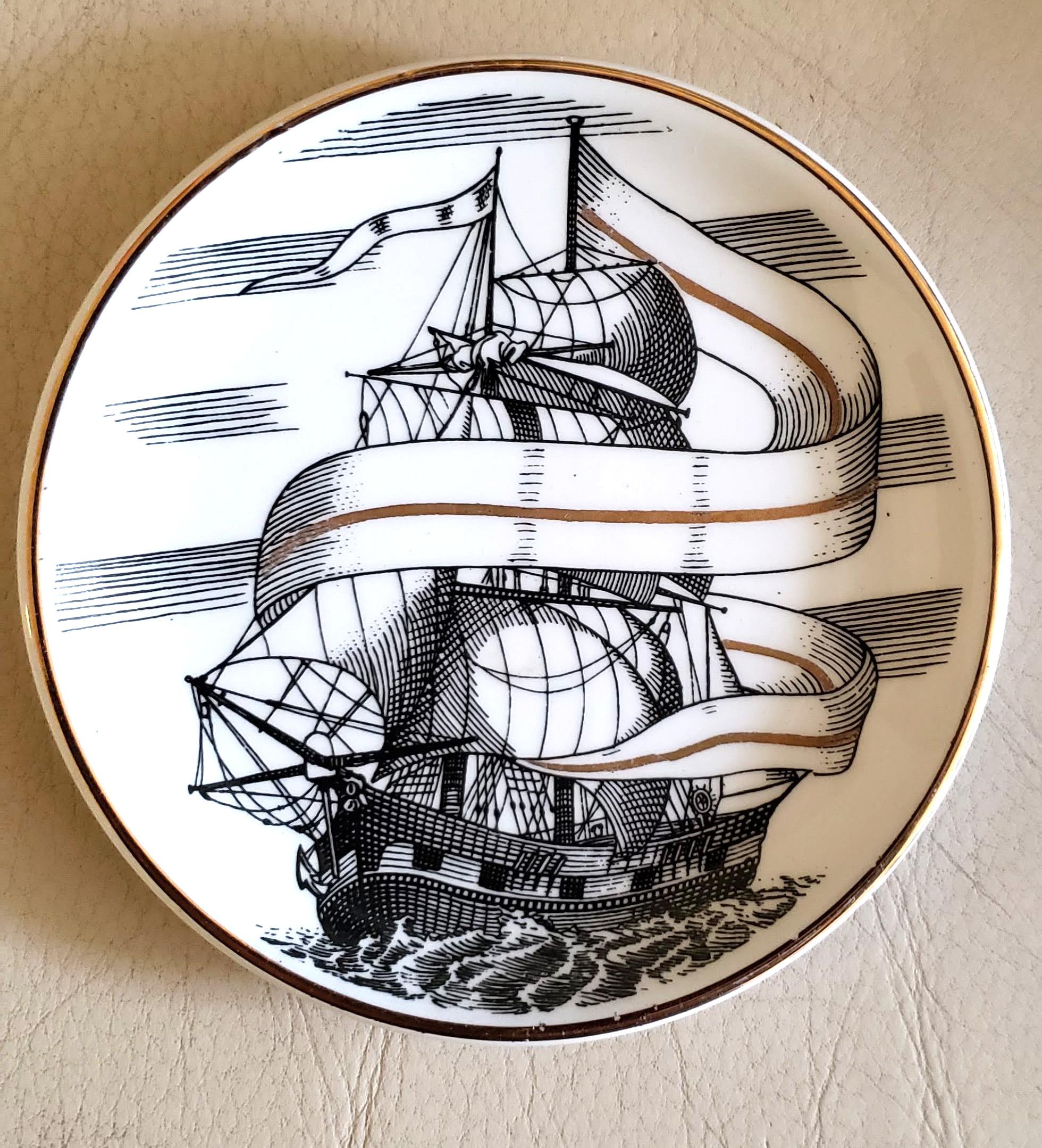 Italian Piero Fornasetti Porcelain Set of Eight Ship Coasters, Velieri with Original Box