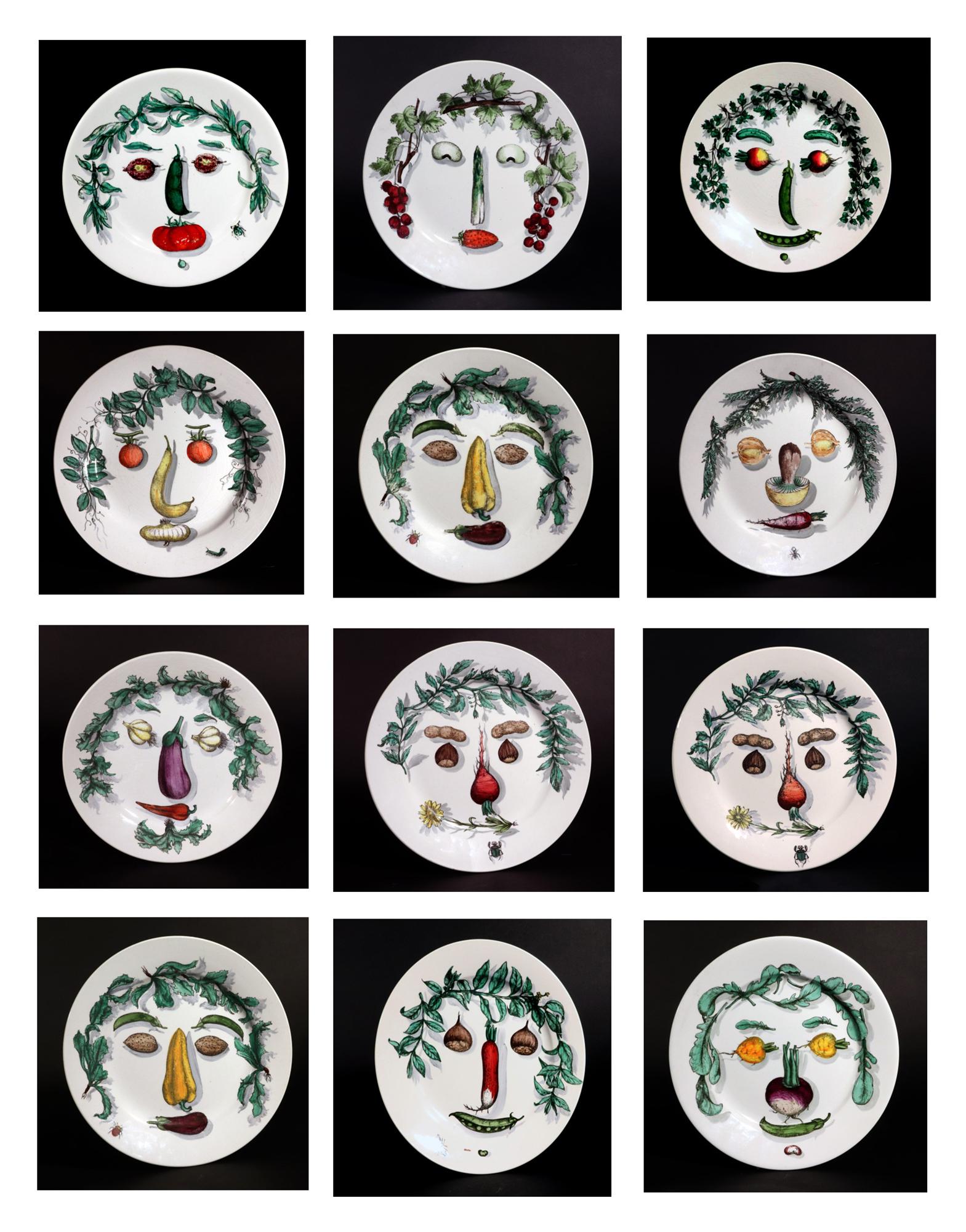 Italian Piero Fornasetti Pottery Arcimboldesca-Motif Vegetable Face Plates For Sale