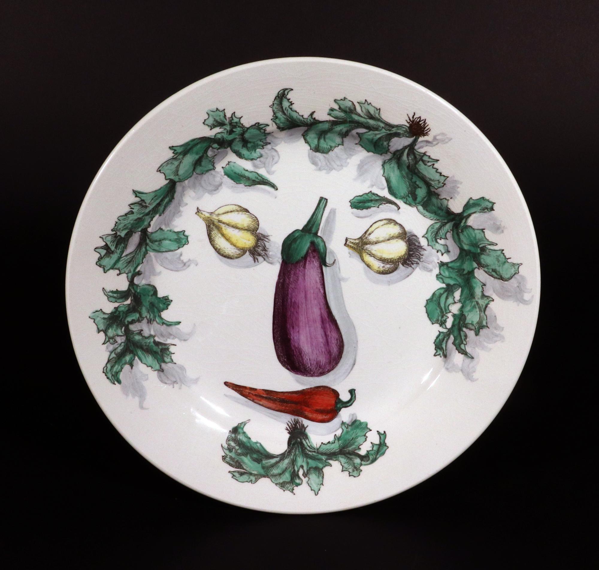 Piero Fornasetti Pottery Arcimboldesca-Motif Vegetable Face Plates In Good Condition For Sale In Downingtown, PA