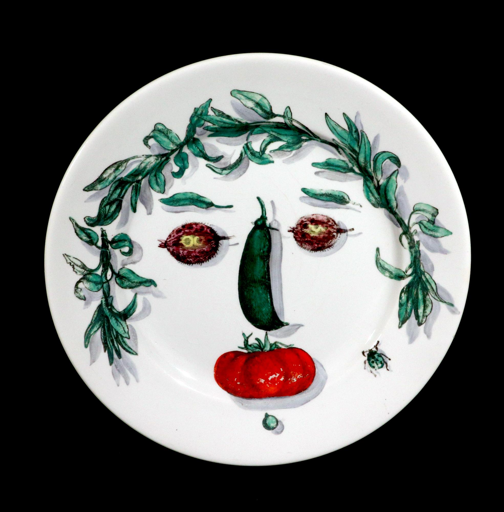 Mid-20th Century Piero Fornasetti Pottery Arcimboldesca-Motif Vegetable Face Plates For Sale
