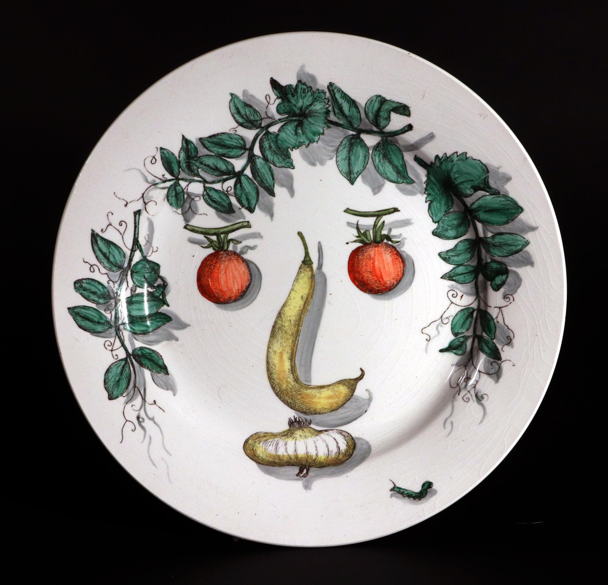 Ceramic Piero Fornasetti Pottery Arcimboldesca-Motif Vegetable Face Plates For Sale