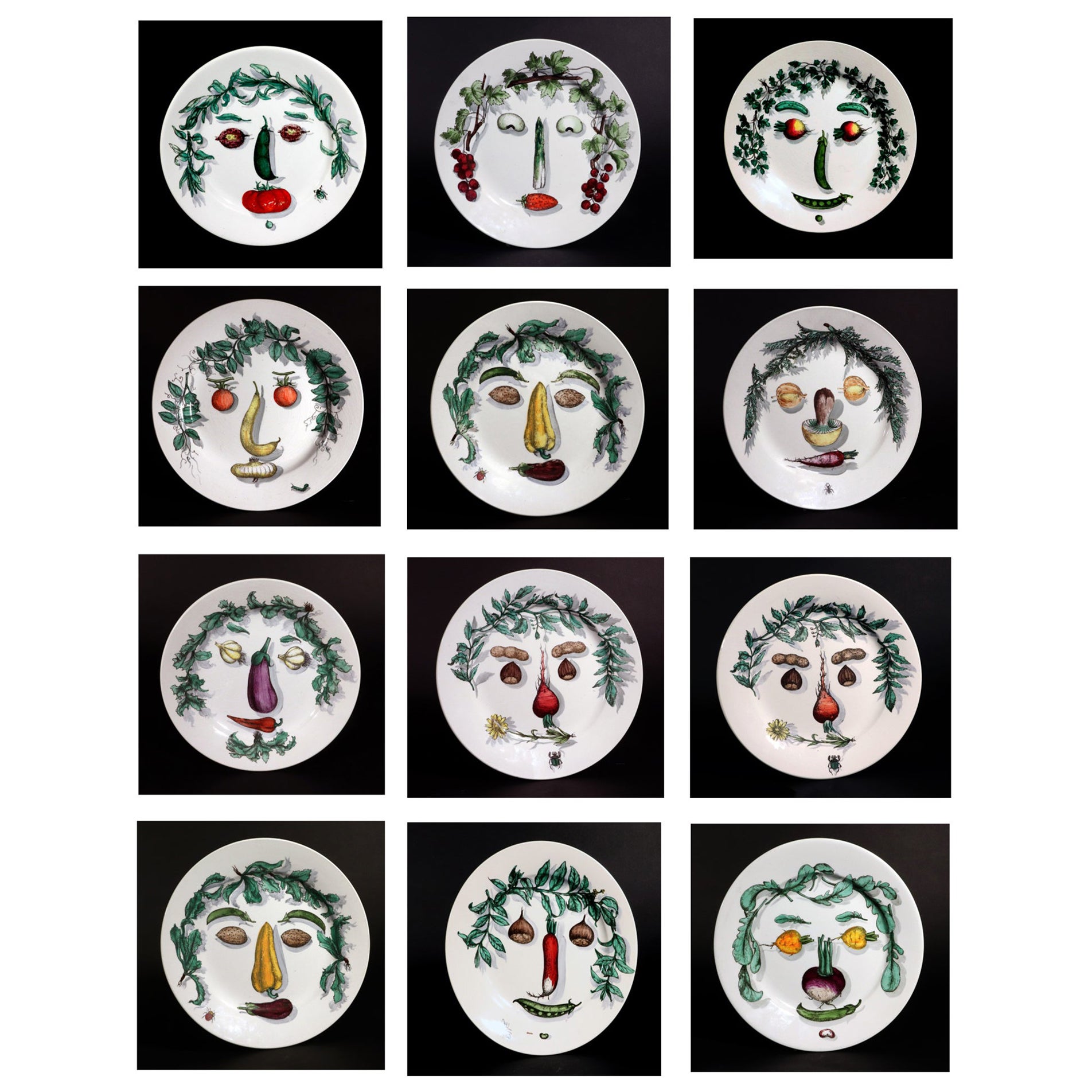 Piero Fornasetti Pottery Arcimboldesca-Motif Vegetable Face Plates