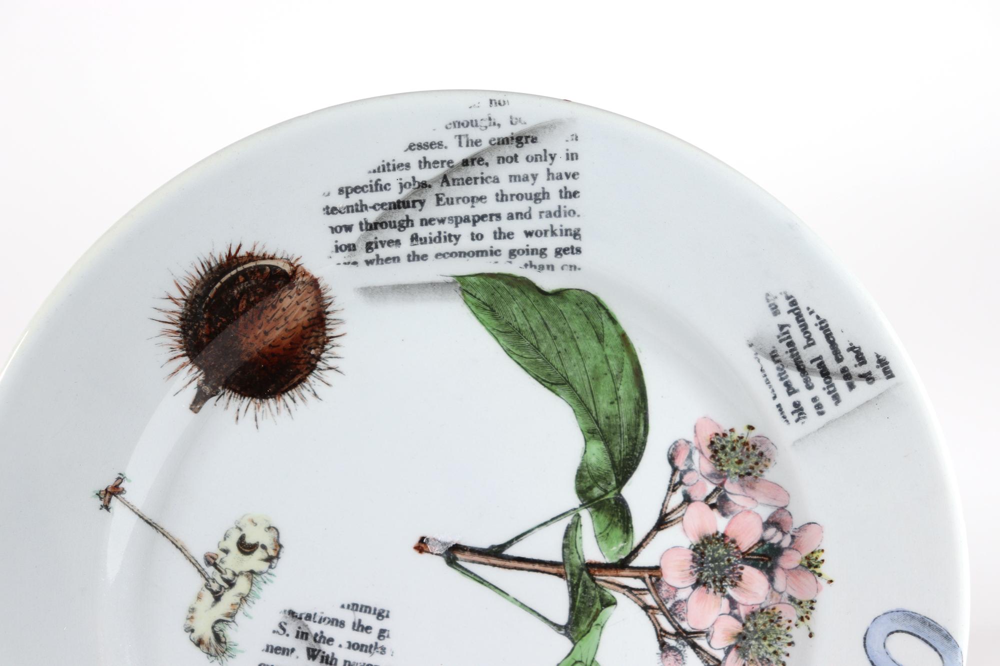 Piero Fornasetti Pottery Plate. 
Galvani Pattern,
1947-55 

The very early rare Piero Fornasetti pottery plate is named Galvani on reverse. The unusual pattern mysteriously depicts scrapes of newspaper in English and also a flower, a corn husk,
