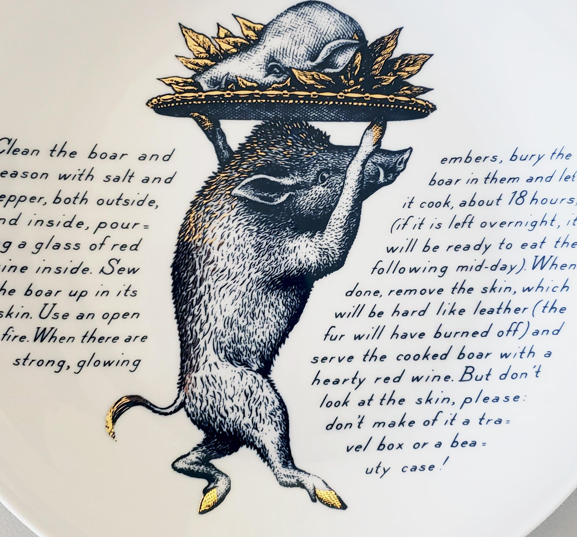 Piero Fornasetti recipe plate,
Vero-Pig piccadilly,
Made for Fleming Joffe,
Silkscreen and transfer,
Early 1960s.

This rare Piero Fornasetti plate is from a series made for the Fleming Joffe company in New York City.

Measures: diameter 10