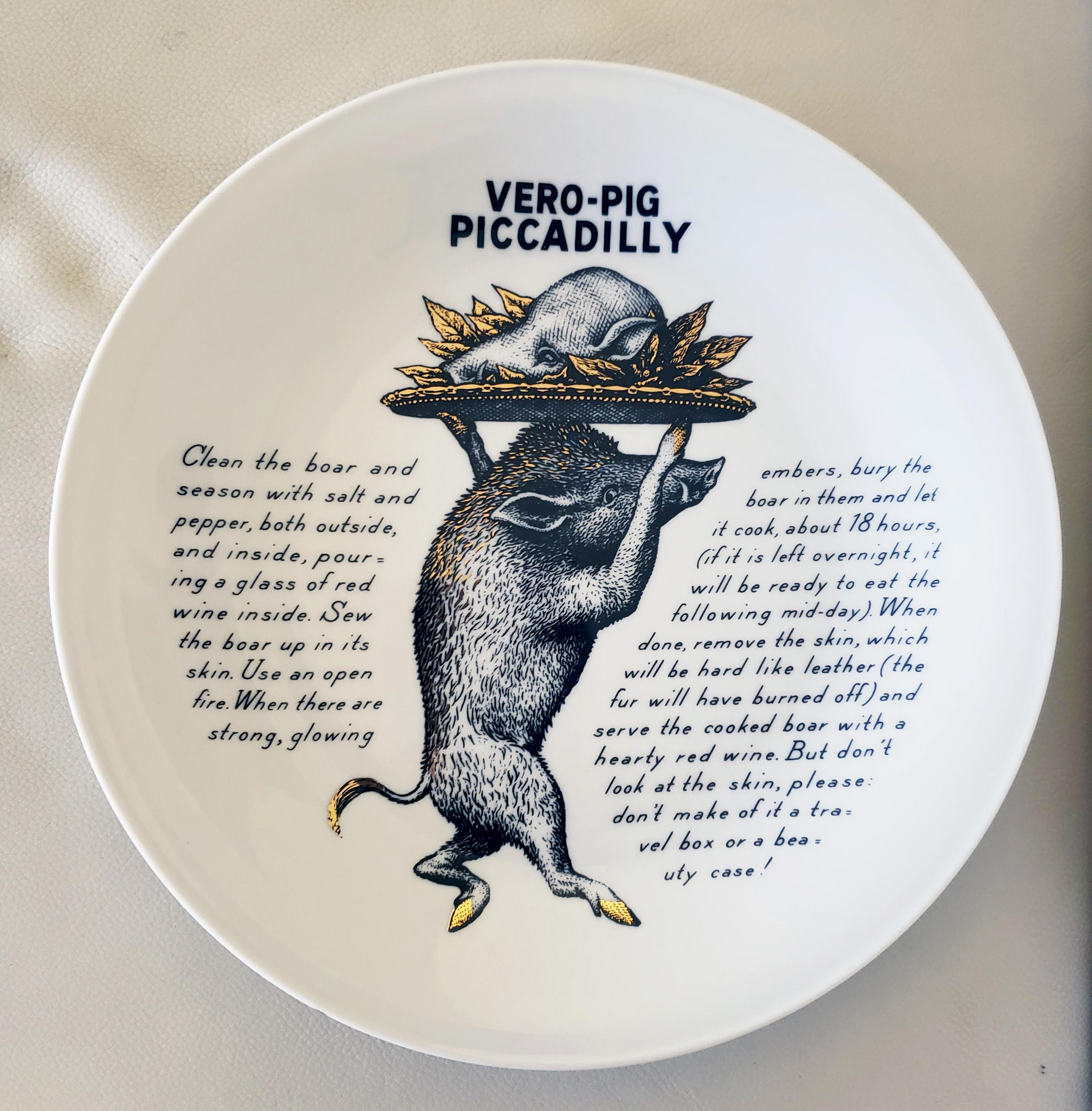 Mid-Century Modern Piero Fornasetti Recipe Plate, Vero-Pig Piccadilly, Made for Fleming Joffe For Sale