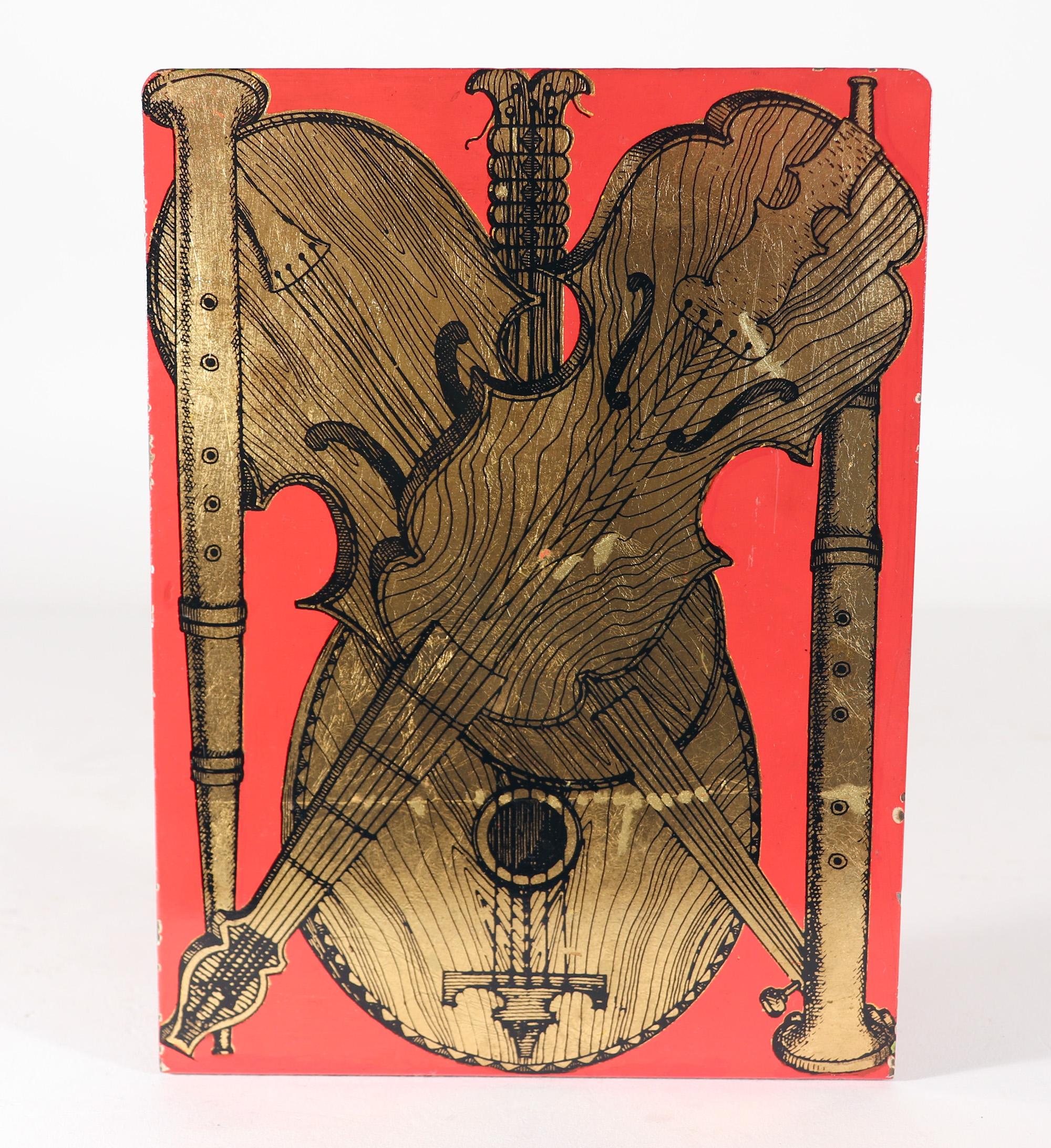 Mid-Century Modern Piero Fornasetti Red Strumenti Musicali Music Metal Bookends For Sale