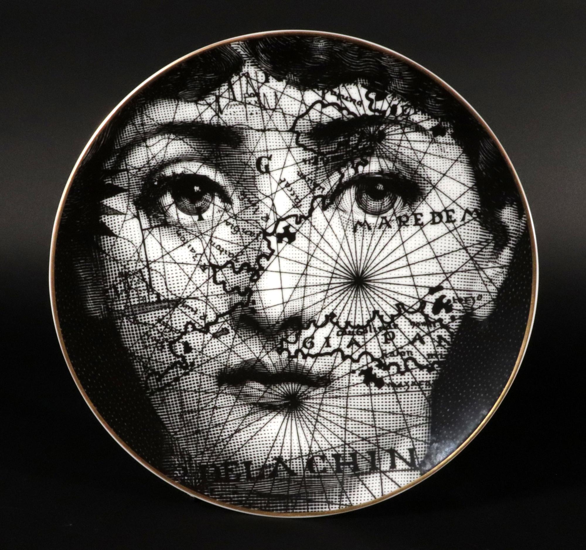 Piero Fornasetti Rosenthal Themes & Variations Porcelain Plate with Original Box,
Temi E Variazioni,
Motiv 31.
The  Map,
1980s.

The Fornasetti porcelain plate from the Themes & Variation series, made at the famous porcelain maker Rosenthal, depicts