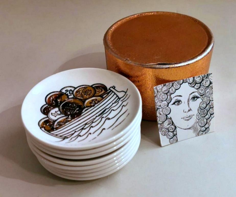 Piero Fornasetti Series 8 Coasters Commissioned by Banca Unione Milan For Sale 8