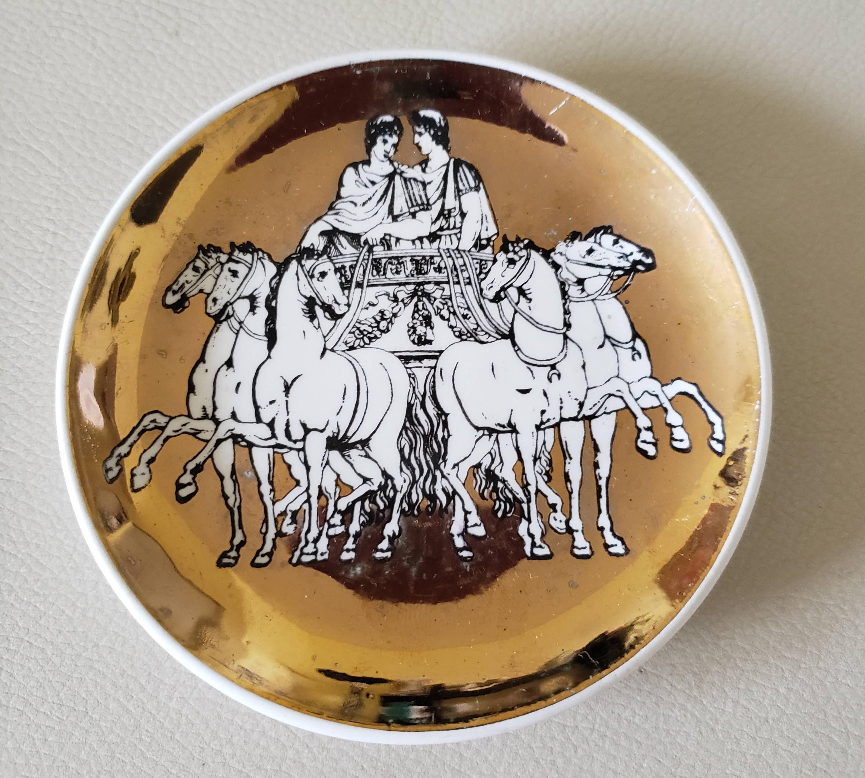 Mid-Century Modern Piero Fornasetti Set of Eight Coasters of Chariots on a Gold Ground, 1960s