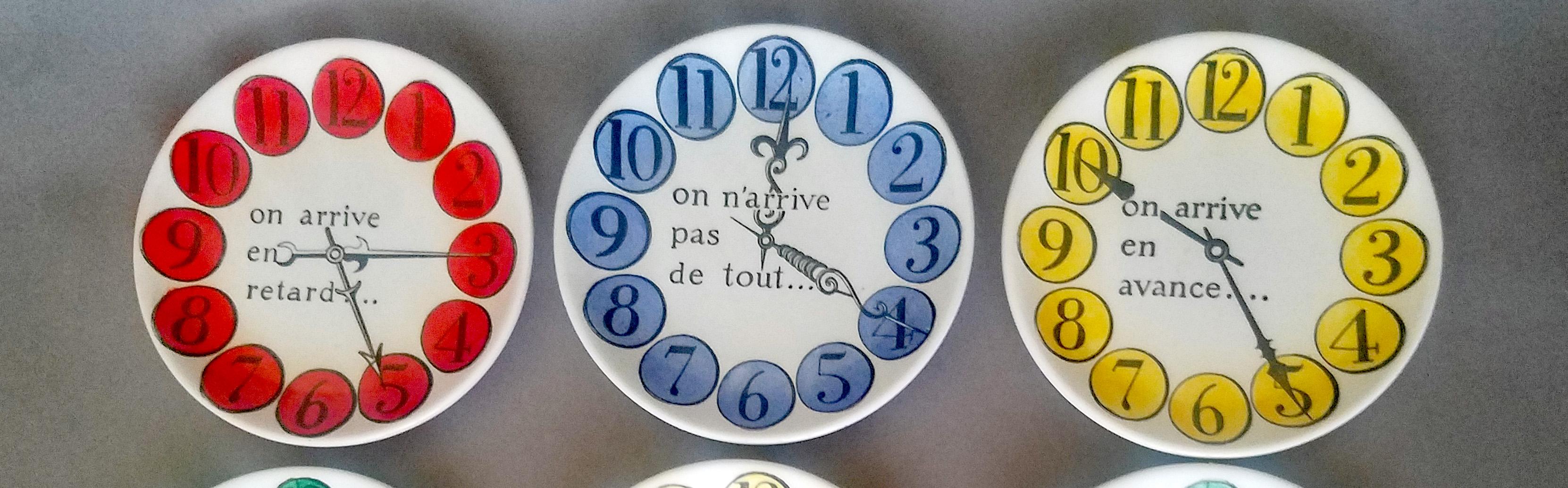 Italian Piero Fornasetti Set of Eight Quand on Arrive Clock Coasters, When One Arrives For Sale