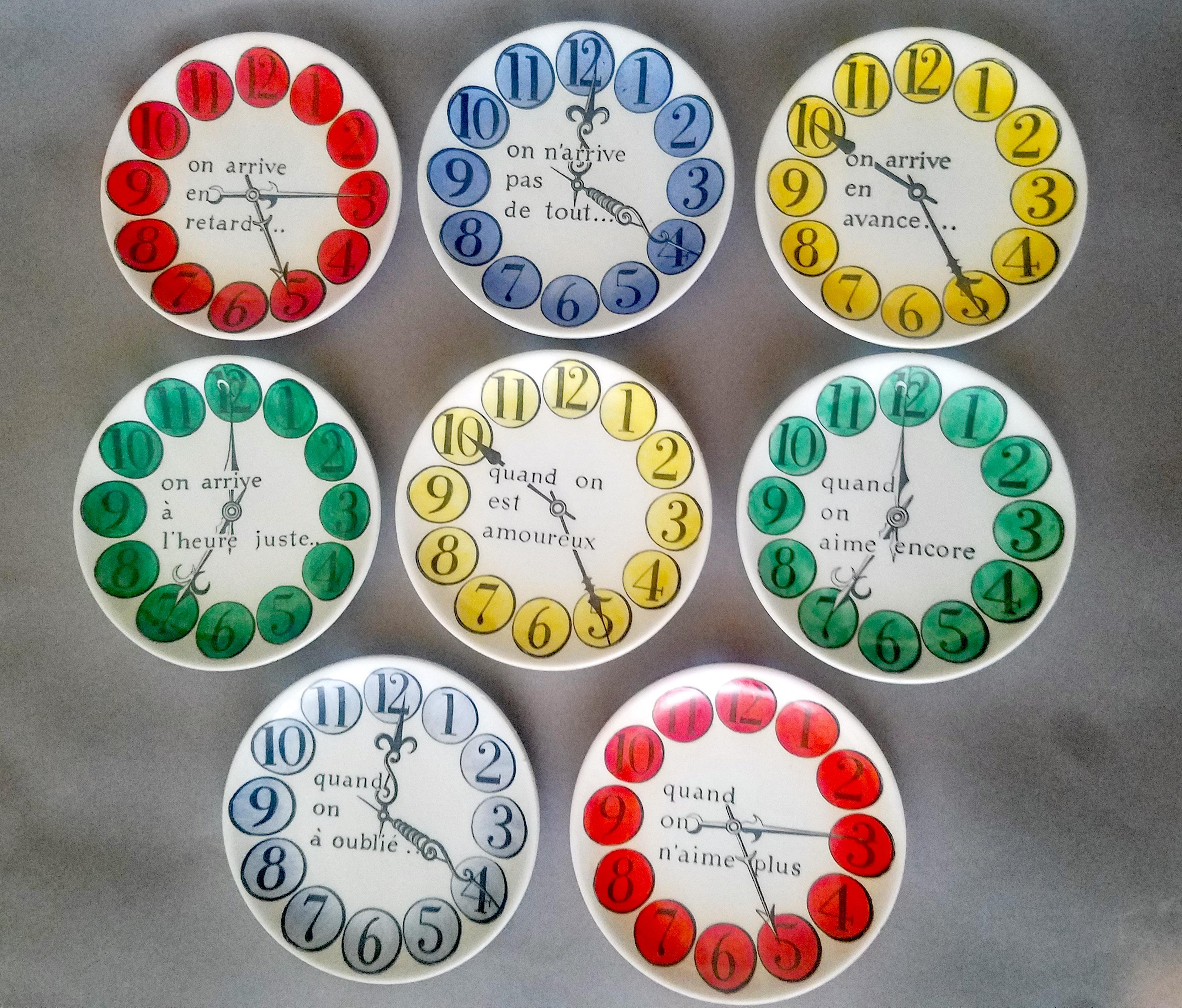 Piero Fornasetti Set of Eight Quand on Arrive Clock Coasters, When One Arrives In Good Condition For Sale In Downingtown, PA