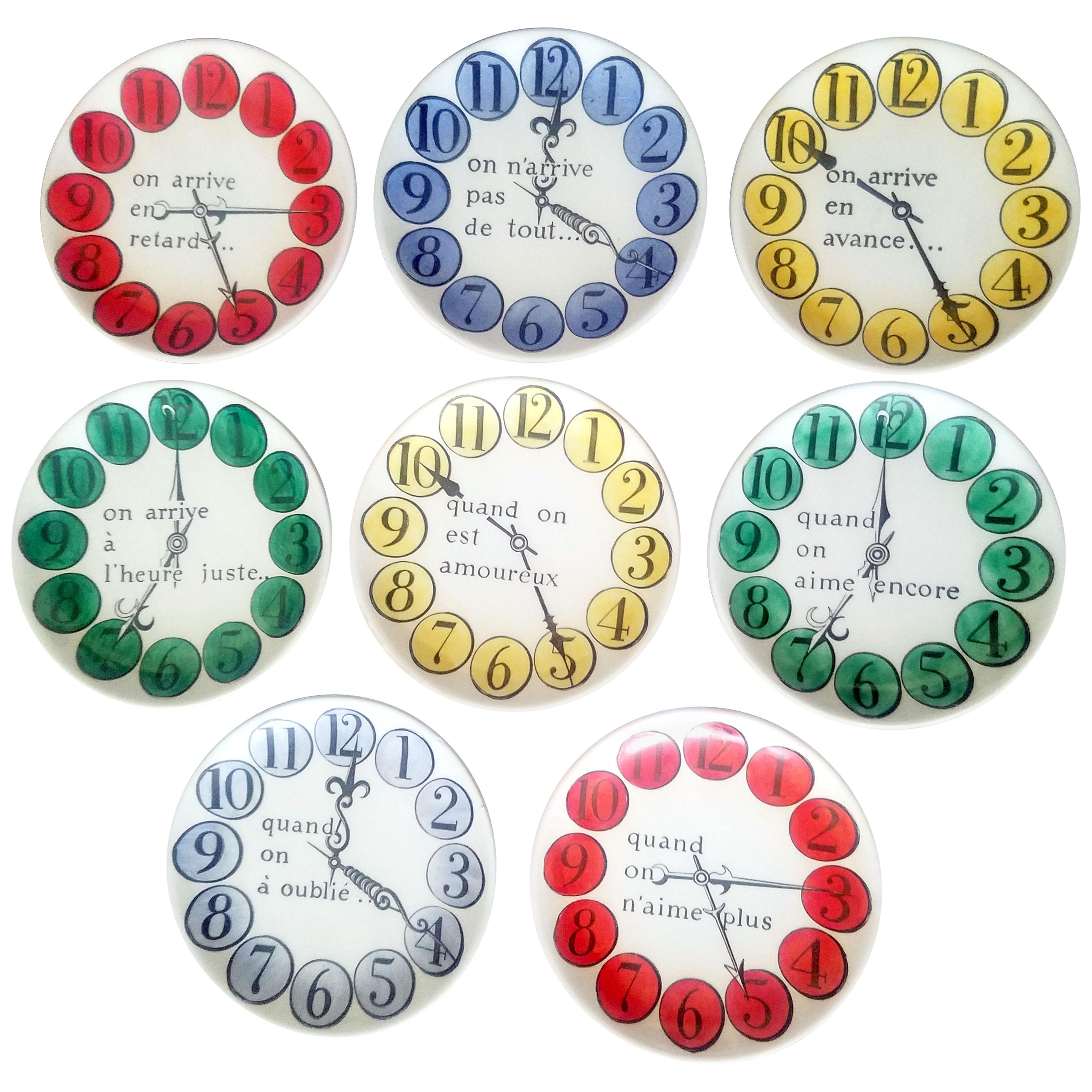Piero Fornasetti Set of Eight Quand on Arrive Clock Coasters, When One Arrives For Sale