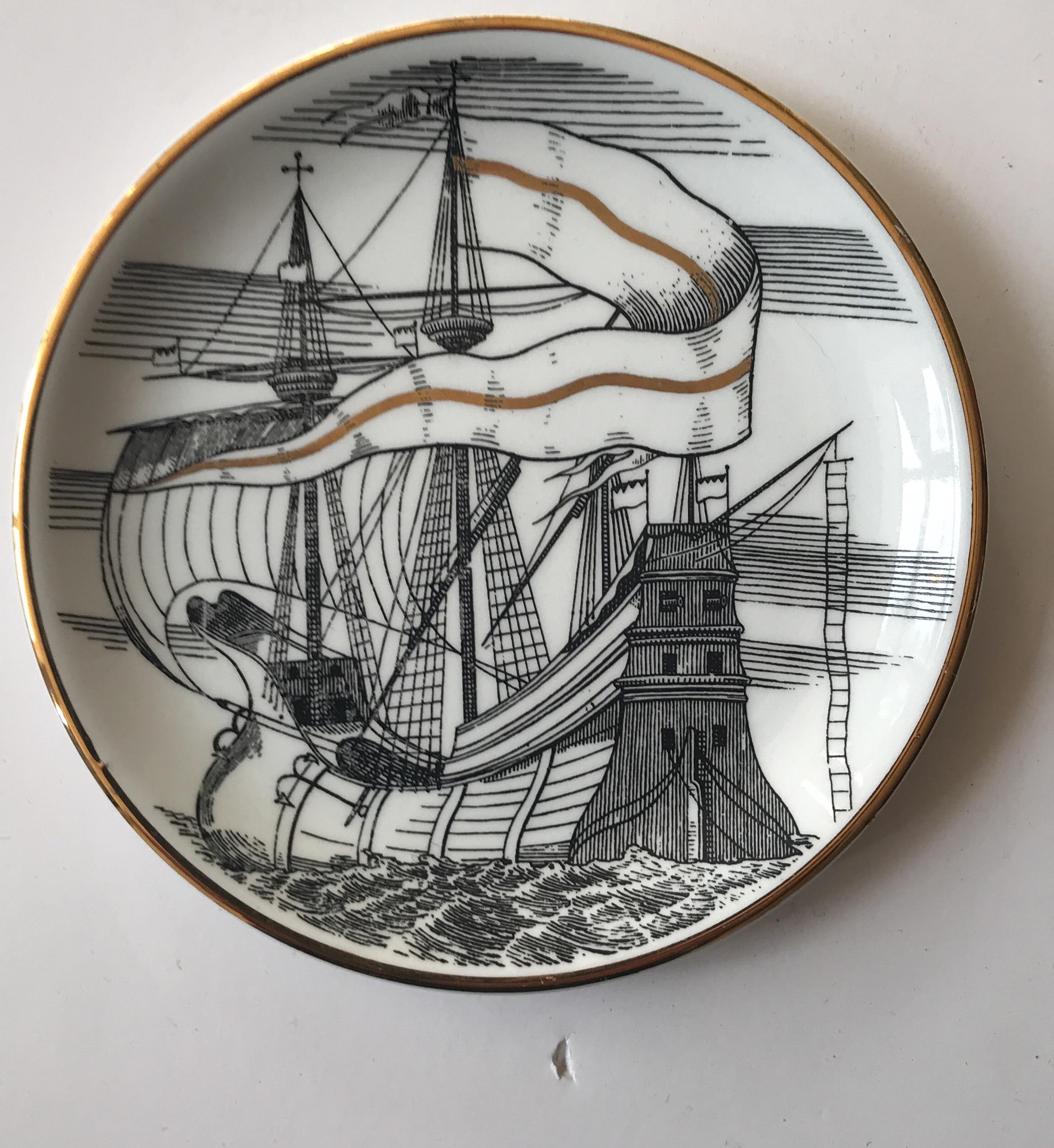Set of five beautiful Piero Fornasetti Italian porcelain coaster depicting Spanish galleons or ships.
Each is different. The coasters were made exclusively for Bonwit Teller. The reverse of each is printed with the Fornasetti Milano mark.
Great as