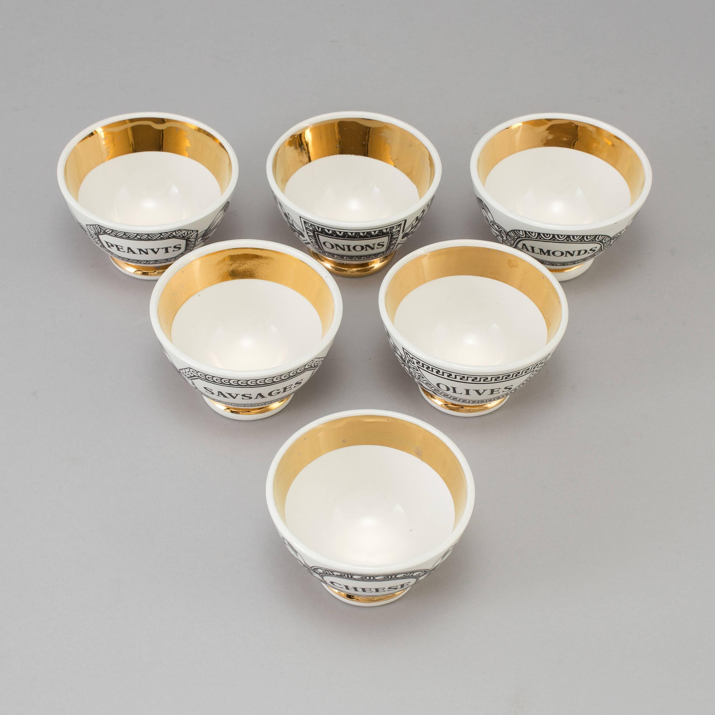 Italian Piero Fornasetti Set of Six Bar Snack Bowls or Appetizer Bowls, 1960s