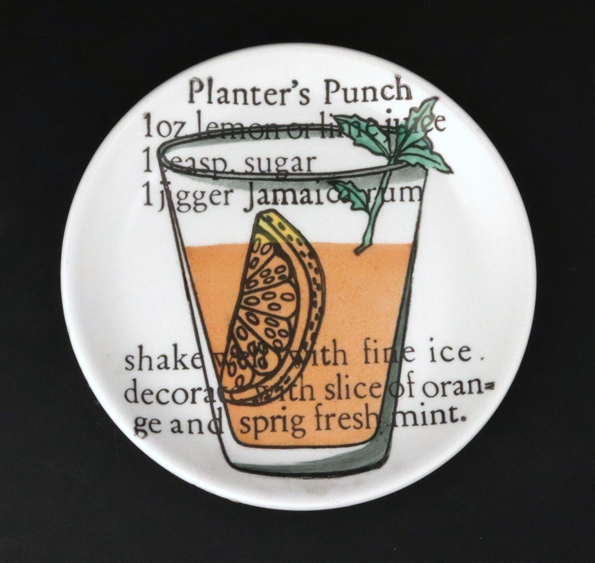 Italian Piero Fornasetti Set of Six Ceramic Coasters with Cocktail Recipes For Sale
