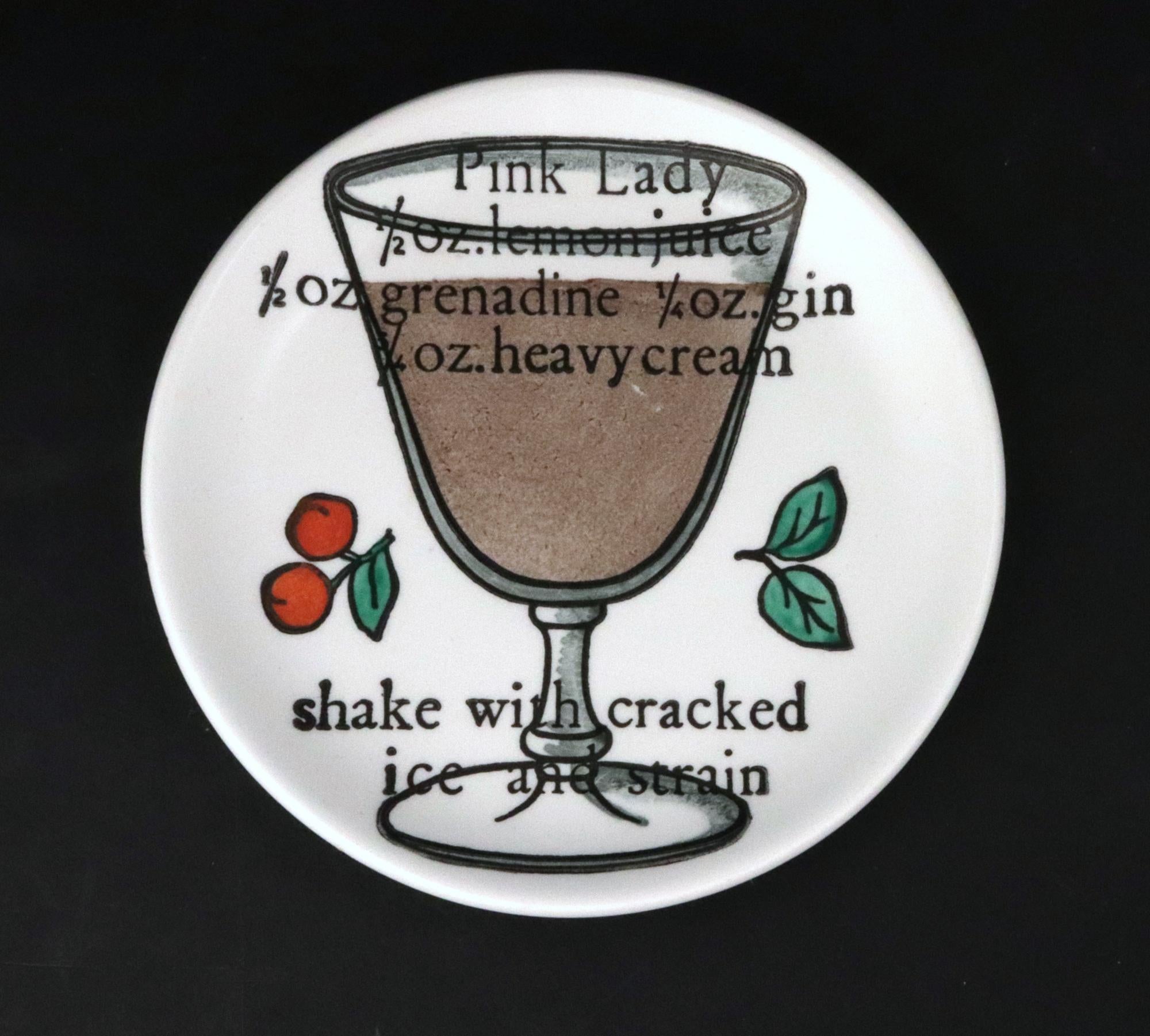Piero Fornasetti Set of Six Ceramic Coasters with Cocktail Recipes In Good Condition For Sale In Downingtown, PA
