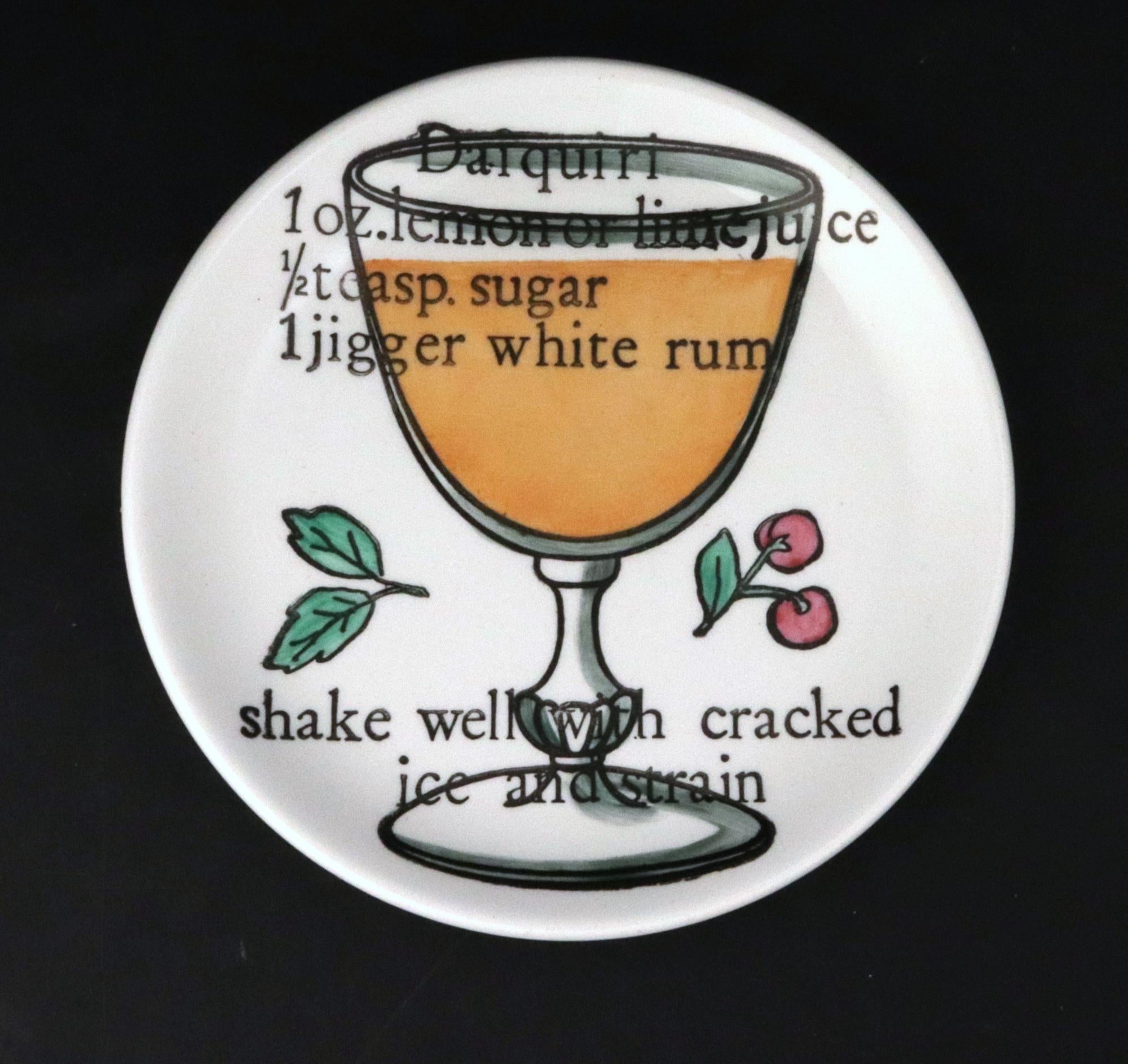 20th Century Piero Fornasetti Set of Six Ceramic Coasters with Cocktail Recipes For Sale