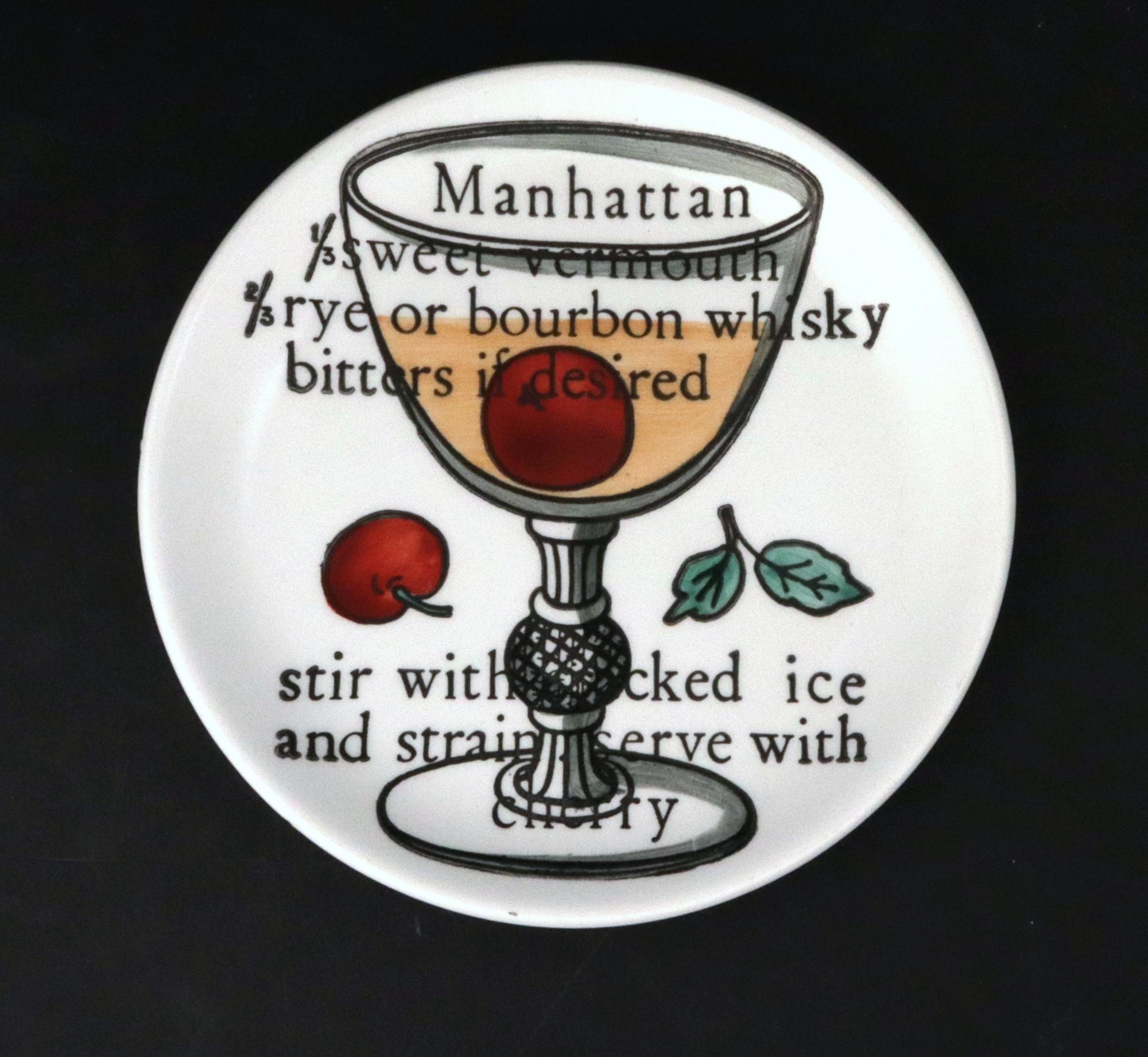 Piero Fornasetti Set of Six Ceramic Coasters with Cocktail Recipes For Sale 2