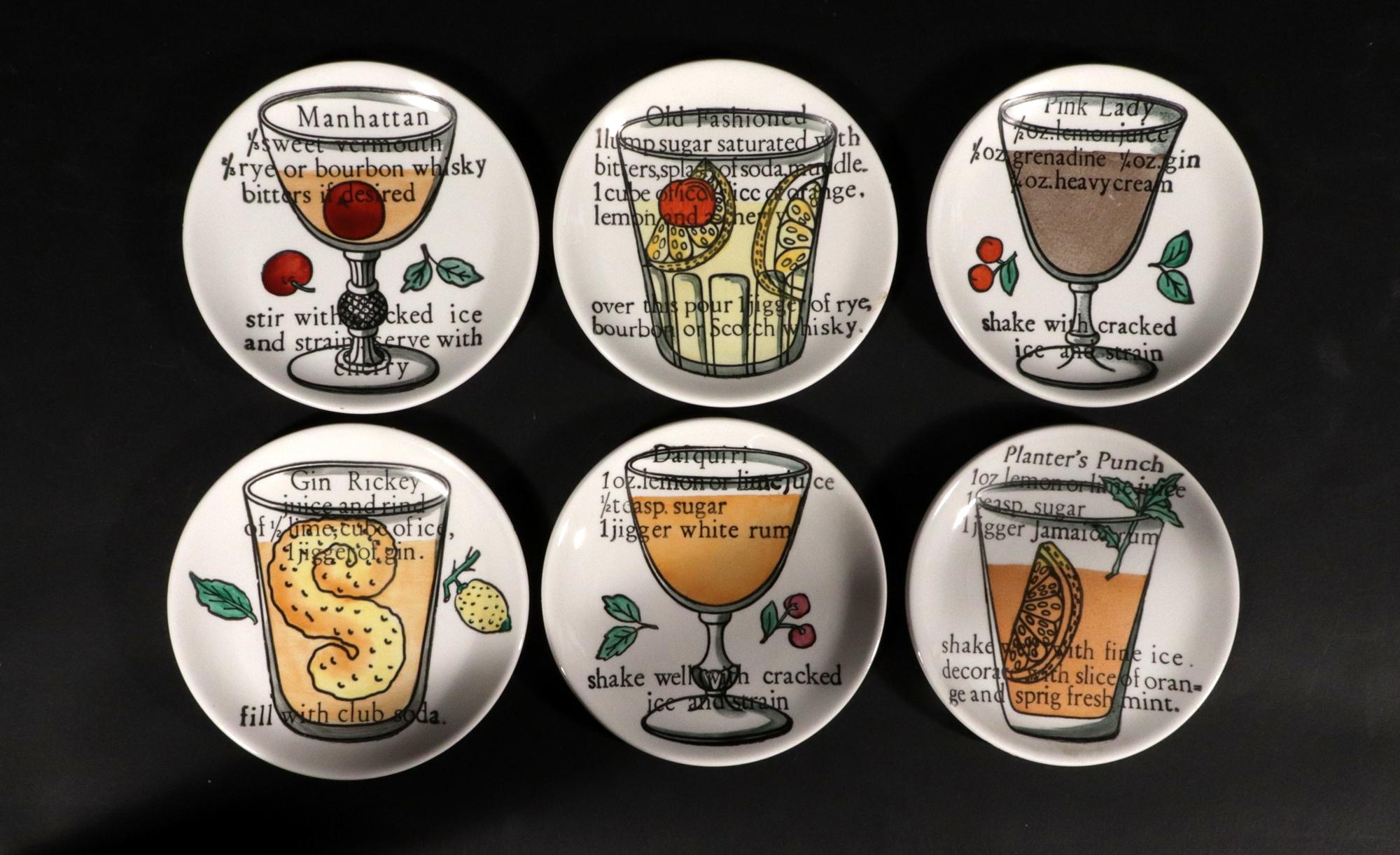 Piero Fornasetti Set di sei sottobicchieri in ceramica con ricette di cocktail