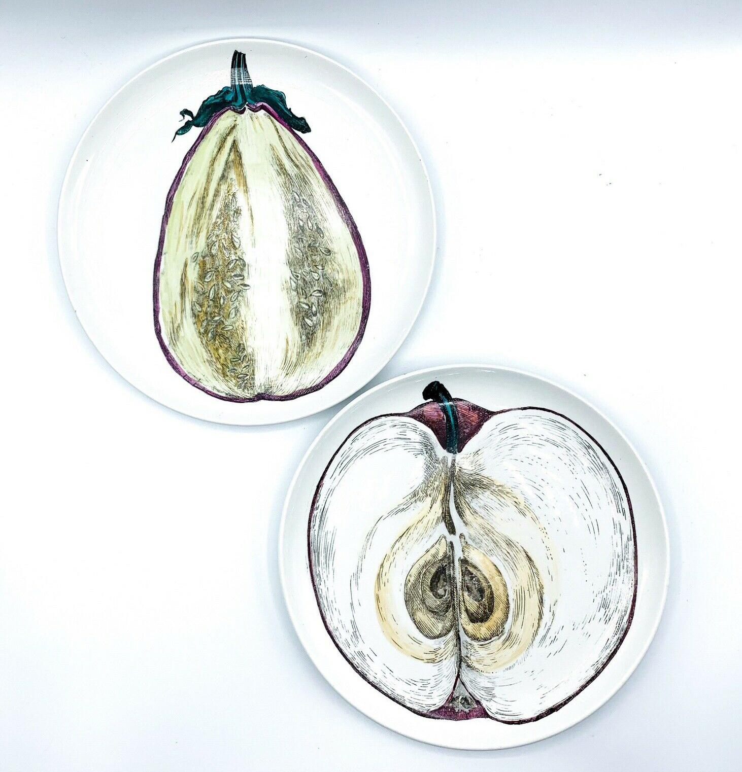 Italian Piero Fornasetti Sezioni Di Frutta Porcelain Plates of an Eggplant & Apple For Sale