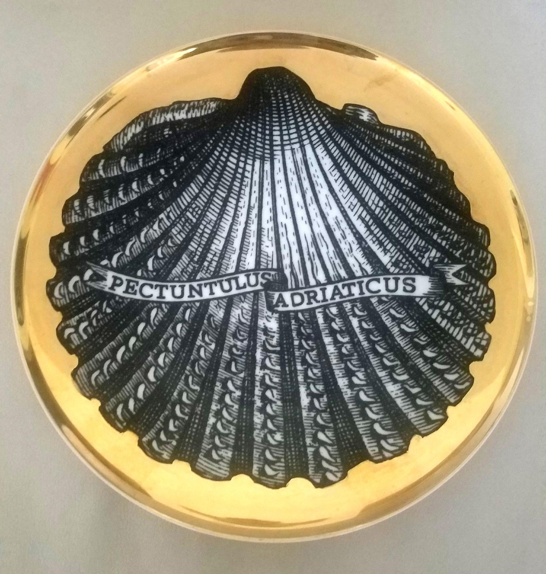 Piero Fornasetti Six Porcelain Gilt Seashell Plates, Conchyliorum Pattern, 1950s In Good Condition For Sale In Downingtown, PA