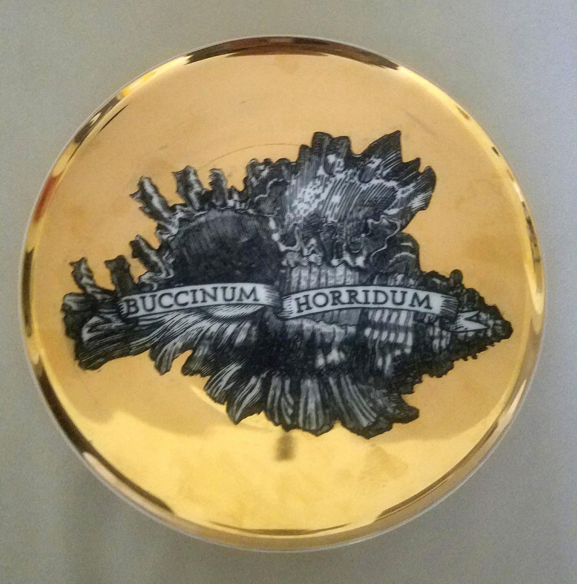 Metà XX secolo Piero Fornasetti Sei piatti conchiglia in porcellana dorata, motivo Conchyliorum, anni '50 in vendita