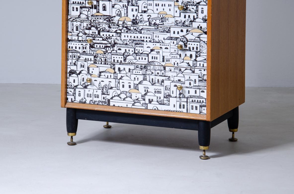 Mid-Century Modern Piero Fornasetti, Small Cabinet with Front Decorated Drawers For Sale