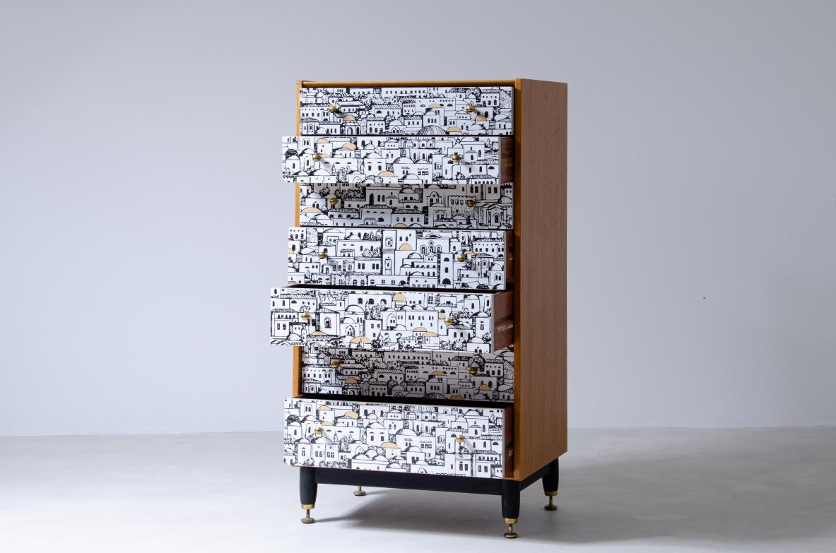 Italian Piero Fornasetti, Small Cabinet with Front Decorated Drawers For Sale