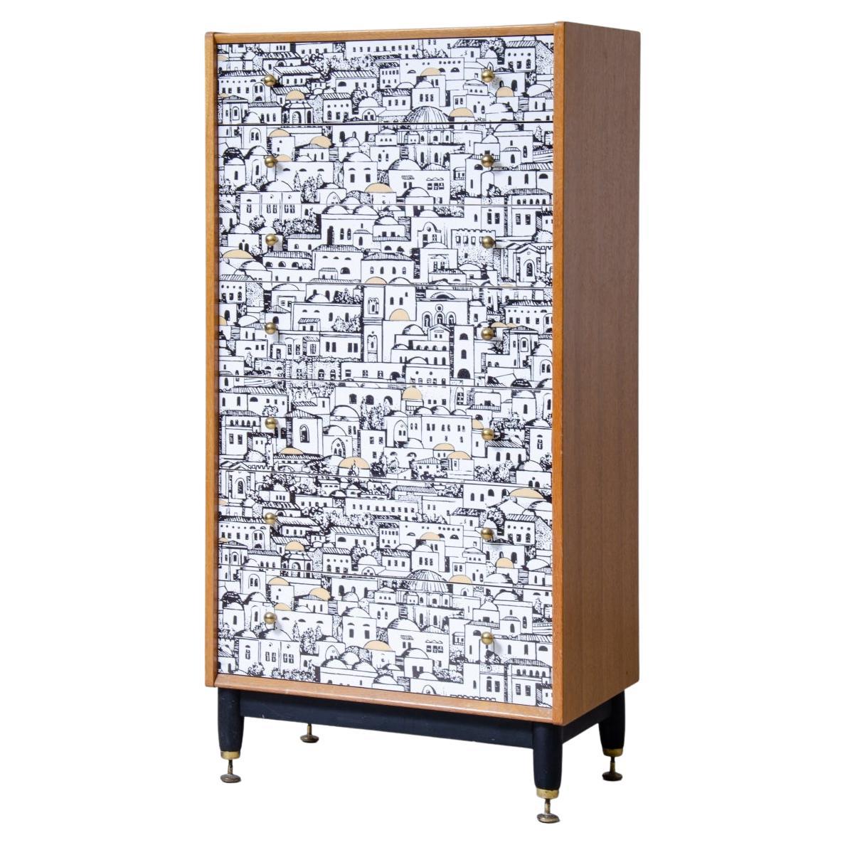 Piero Fornasetti, Small Cabinet with Front Decorated Drawers For Sale