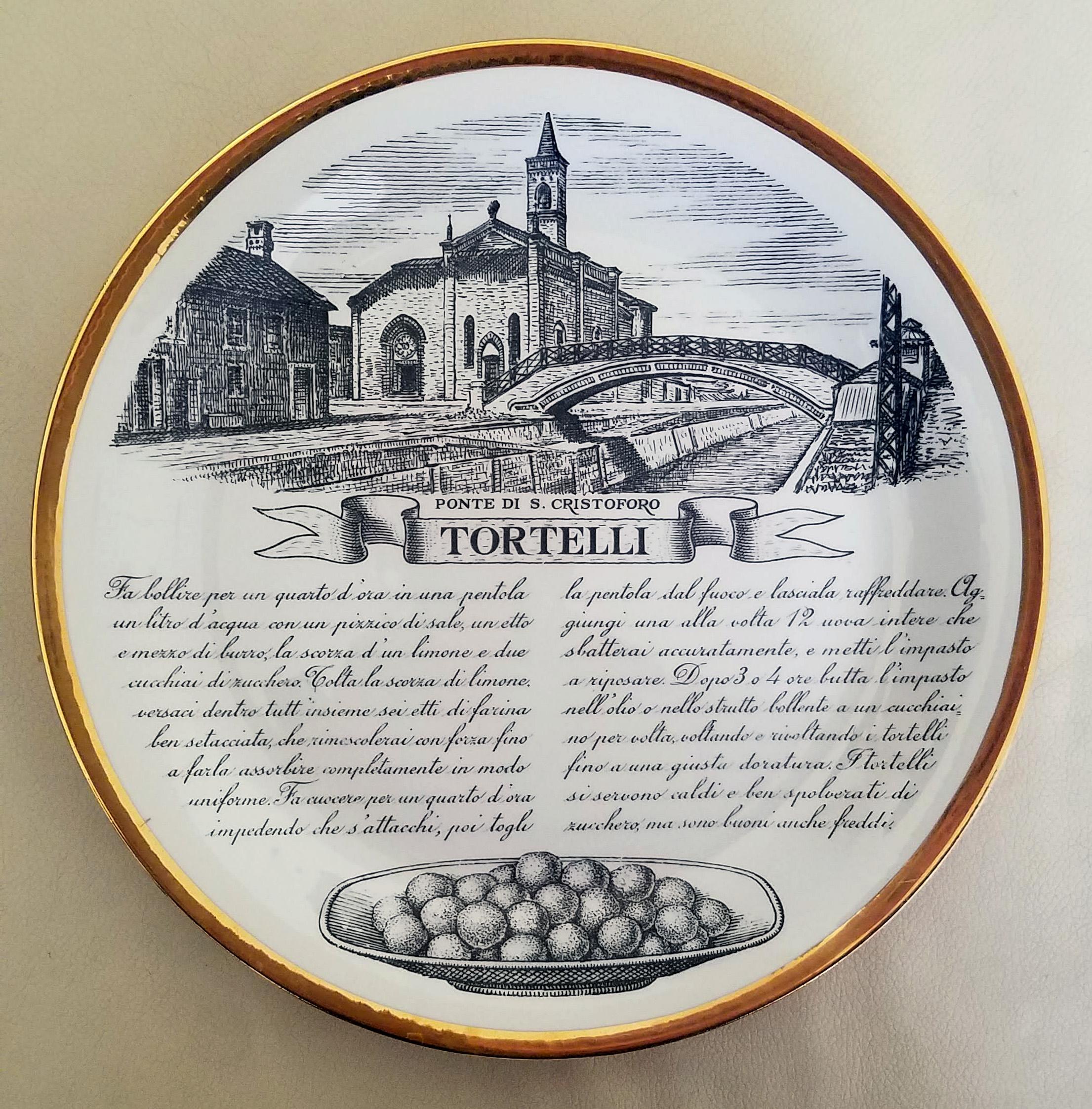 Piero Fornasetti Specialità Milanese 
Complete set of twelve porcelain plates,
1960-1970.

The complete set of twelve Specialità Milanese porcelain plates designed by Piero Fornasetti are each designed with a different traditional recipe, they have