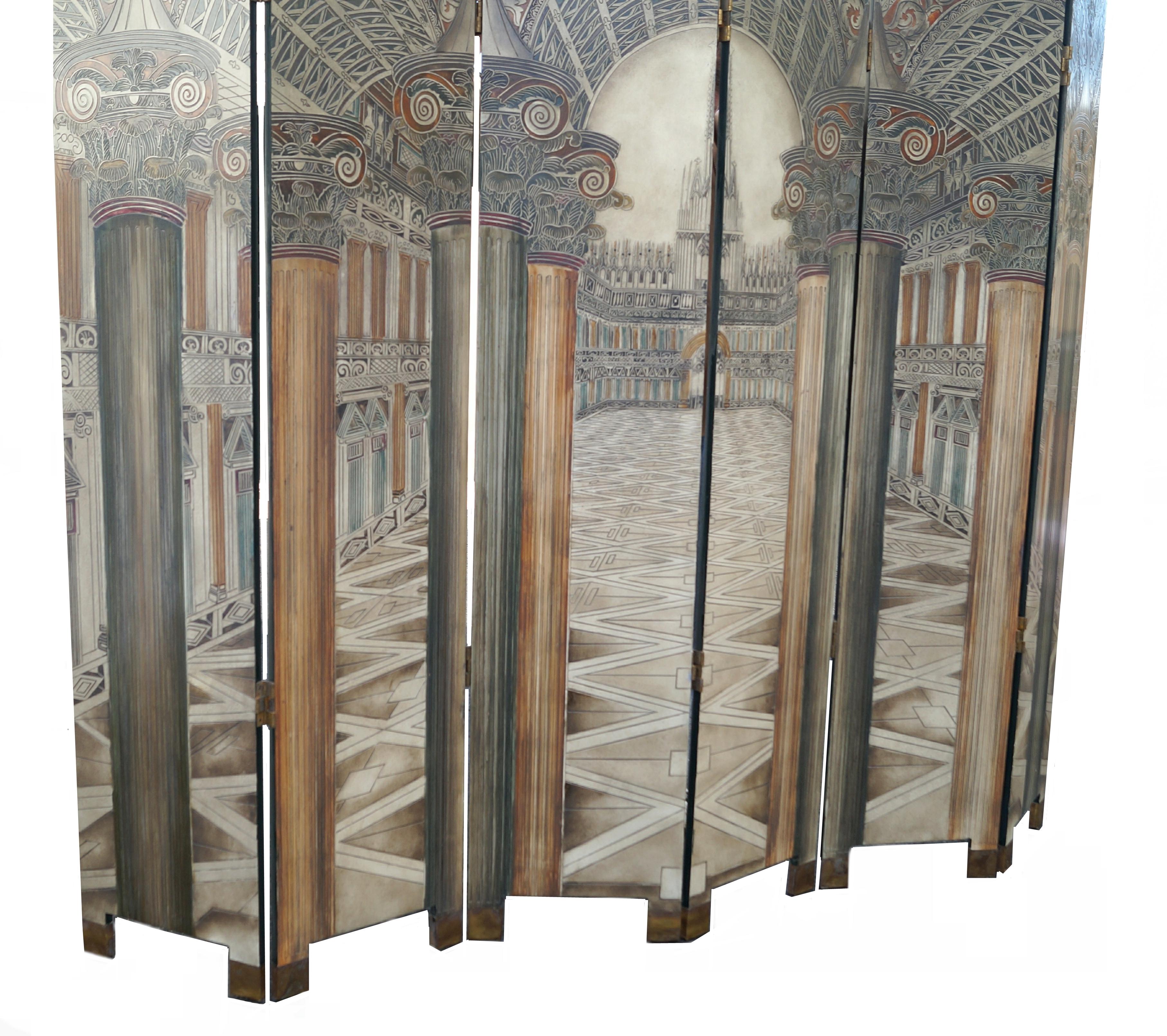 Modern Piero Fornasetti Style 6 Panel Architectural Privacy Screen Room Divider For Sale