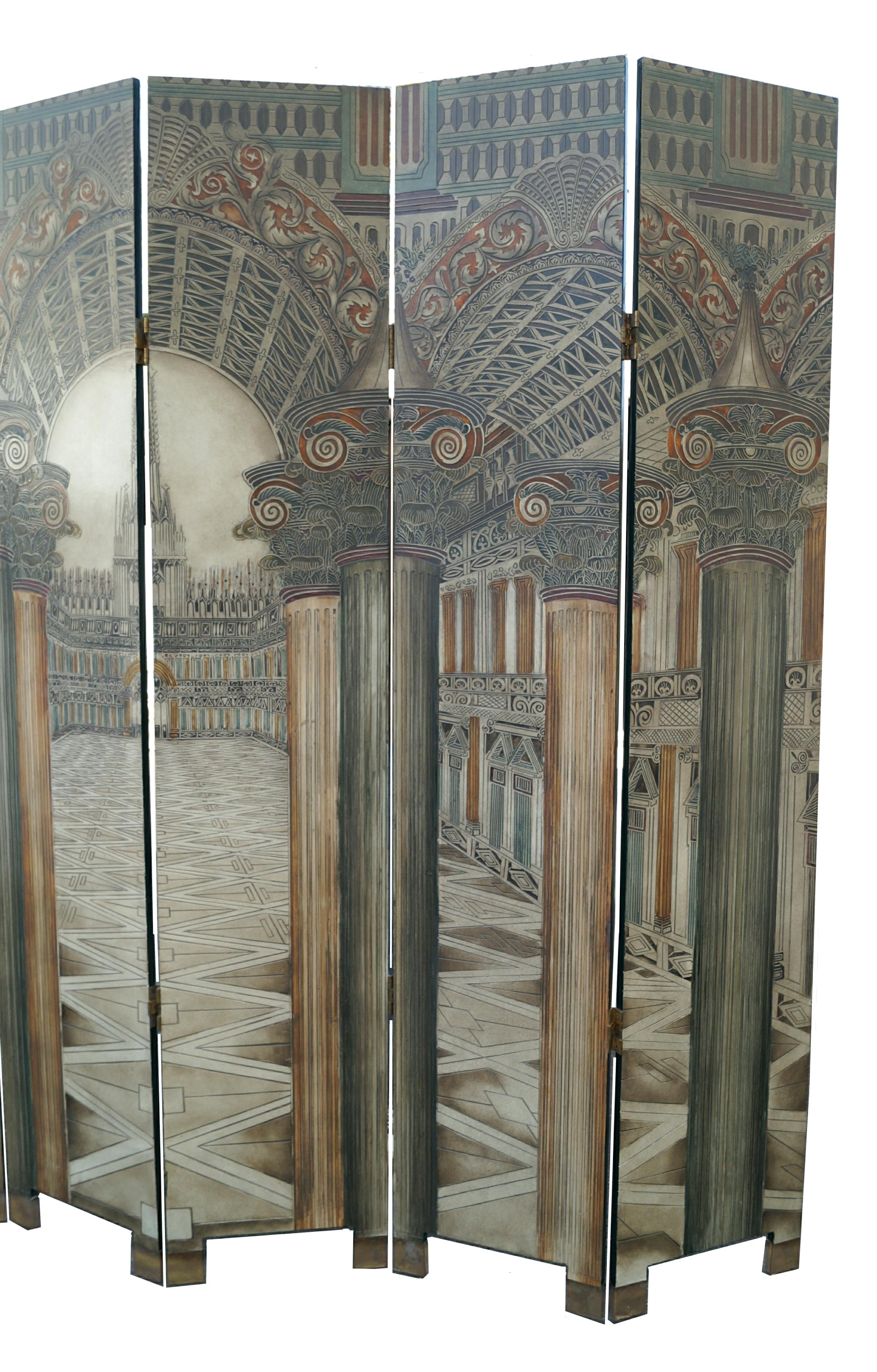 Late 20th Century Piero Fornasetti Style 6 Panel Architectural Privacy Screen Room Divider For Sale