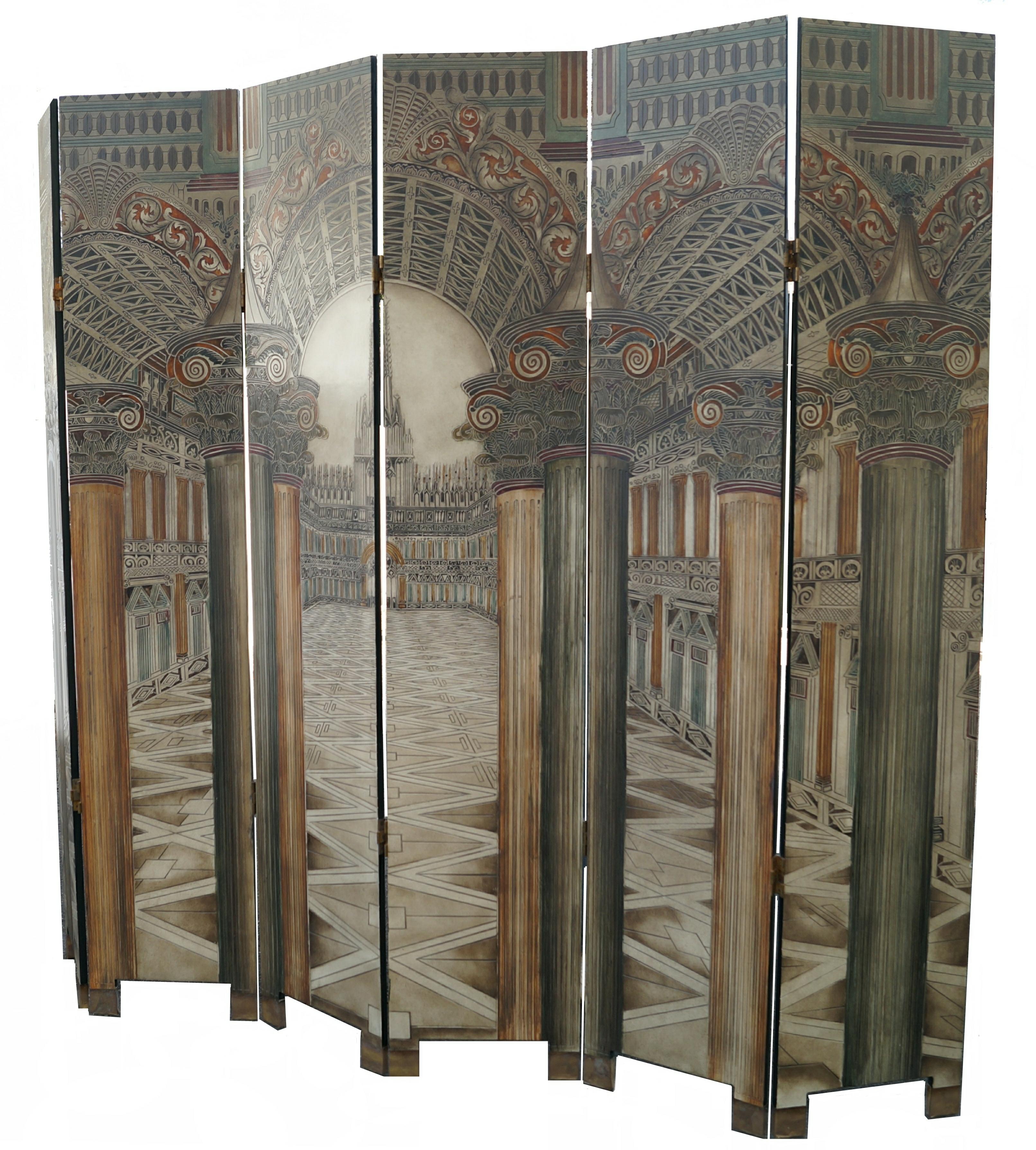 Brass Piero Fornasetti Style 6 Panel Architectural Privacy Screen Room Divider For Sale