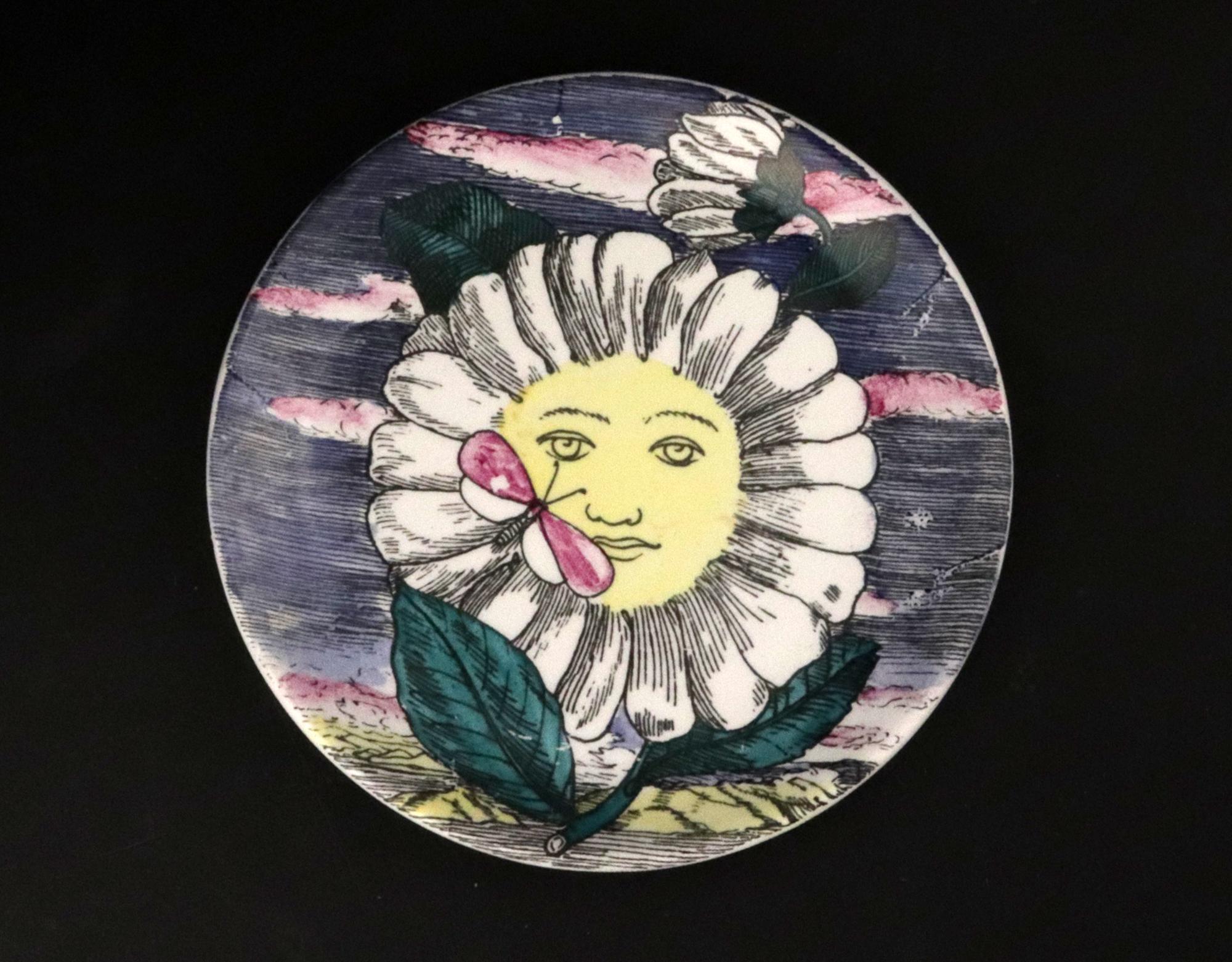 Mid-Century Modern Piero Fornasetti Surreal Sun-Motif Ceramic Complete Set of Coasters For Sale