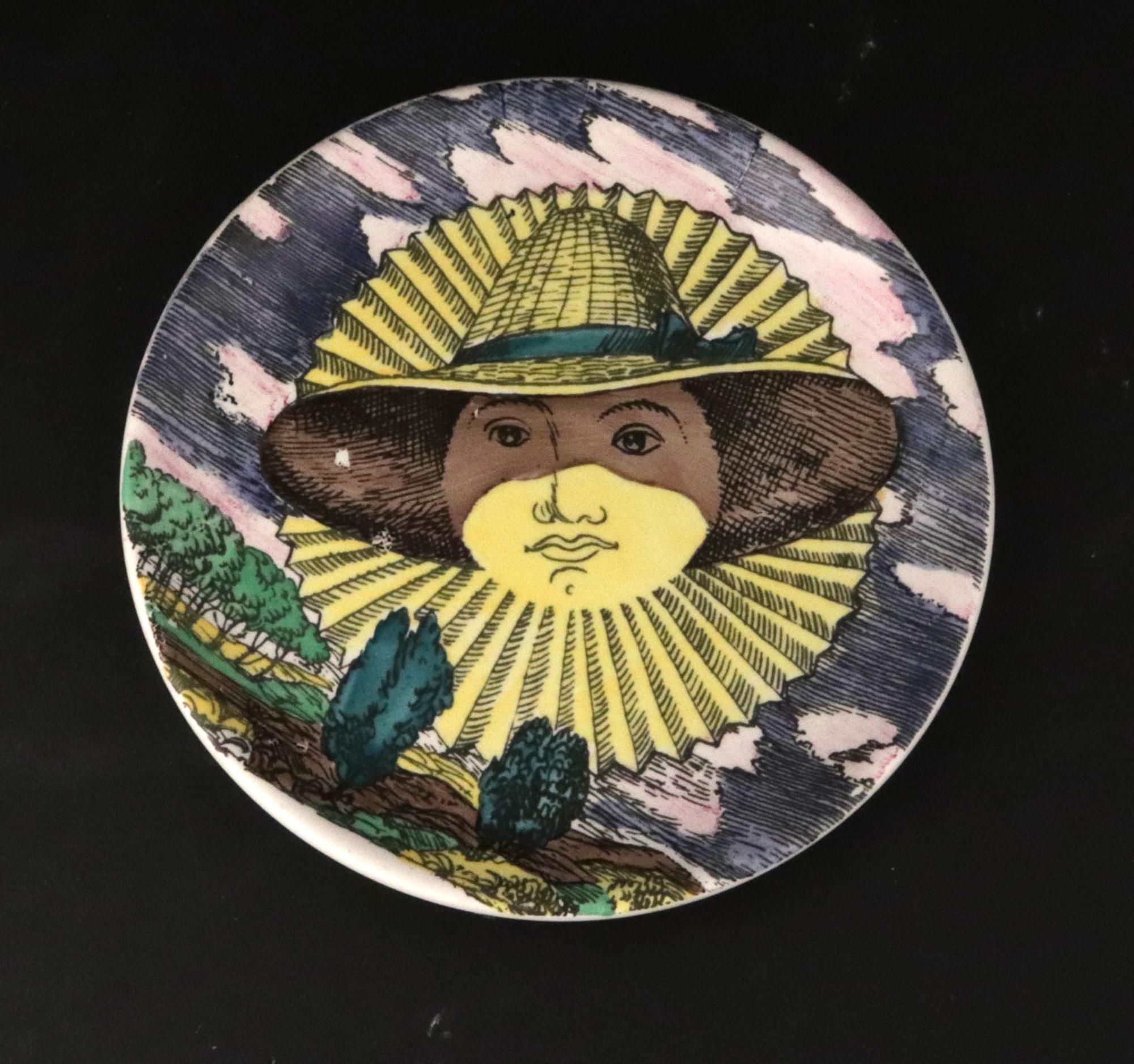 Piero Fornasetti Surreal Sun-Motif Ceramic Complete Set of Coasters In Good Condition For Sale In Downingtown, PA