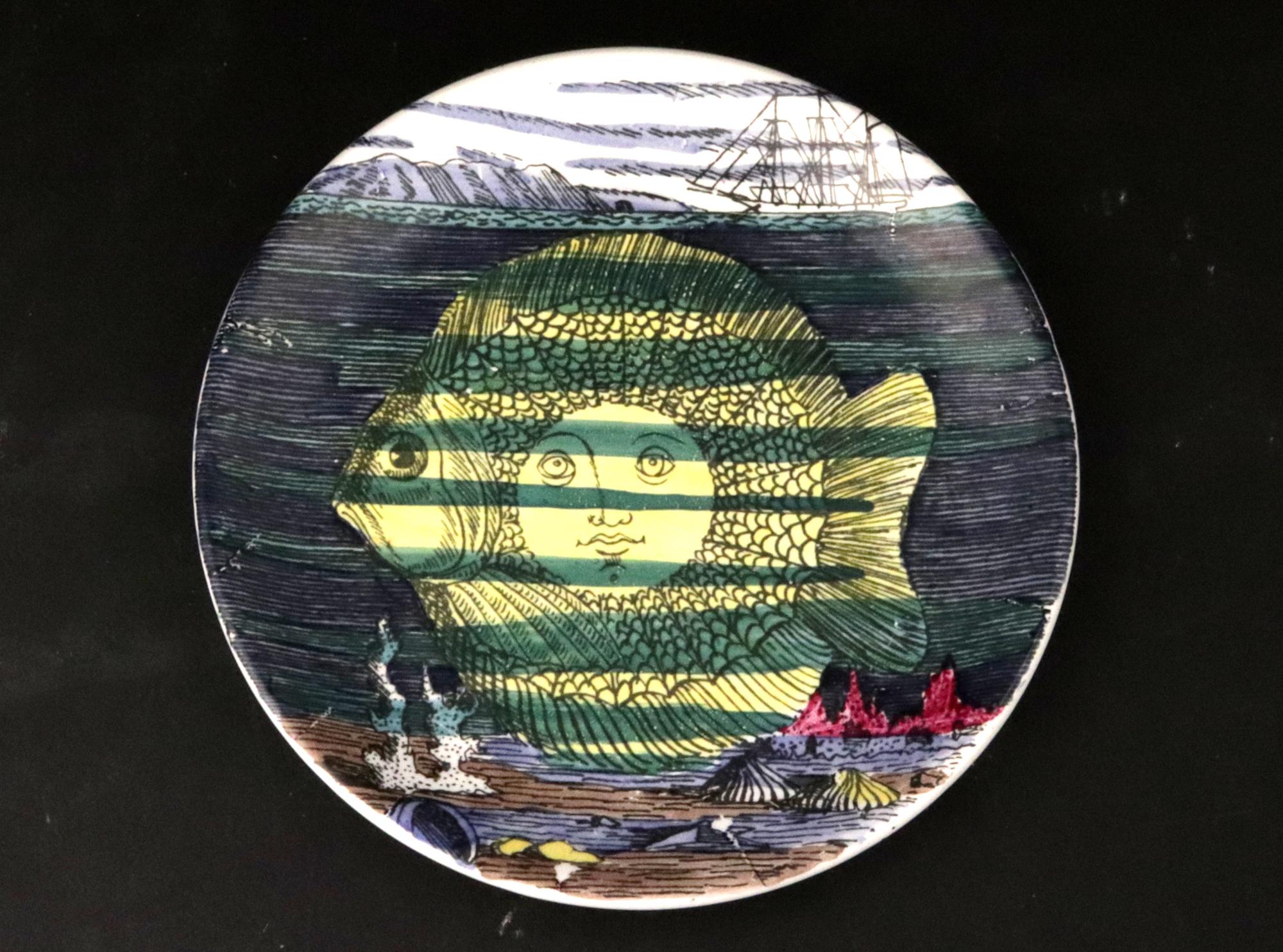 20th Century Piero Fornasetti Surreal Sun-Motif Ceramic Complete Set of Coasters For Sale