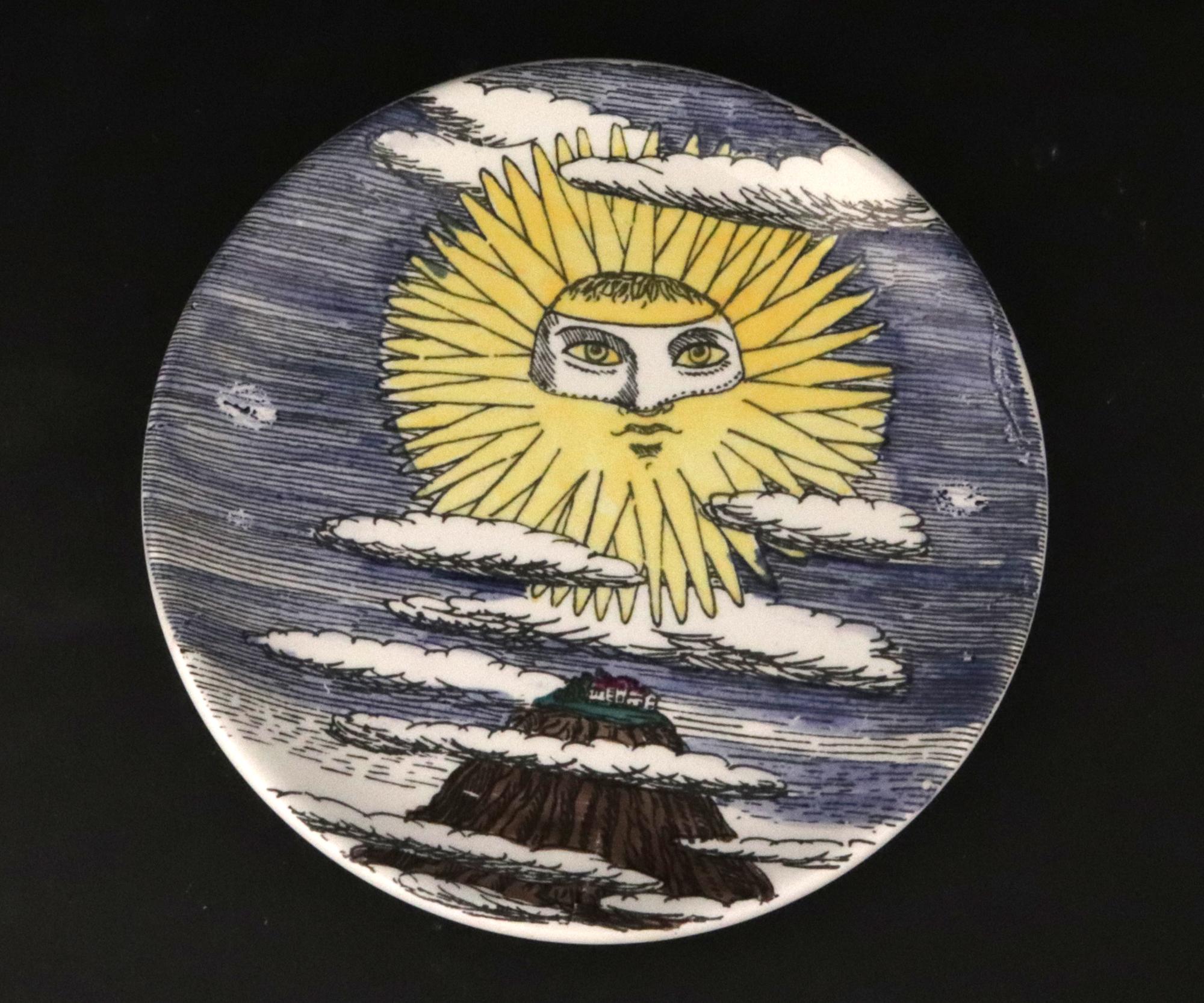Piero Fornasetti Surreal Sun-Motif Ceramic Complete Set of Coasters For Sale 1