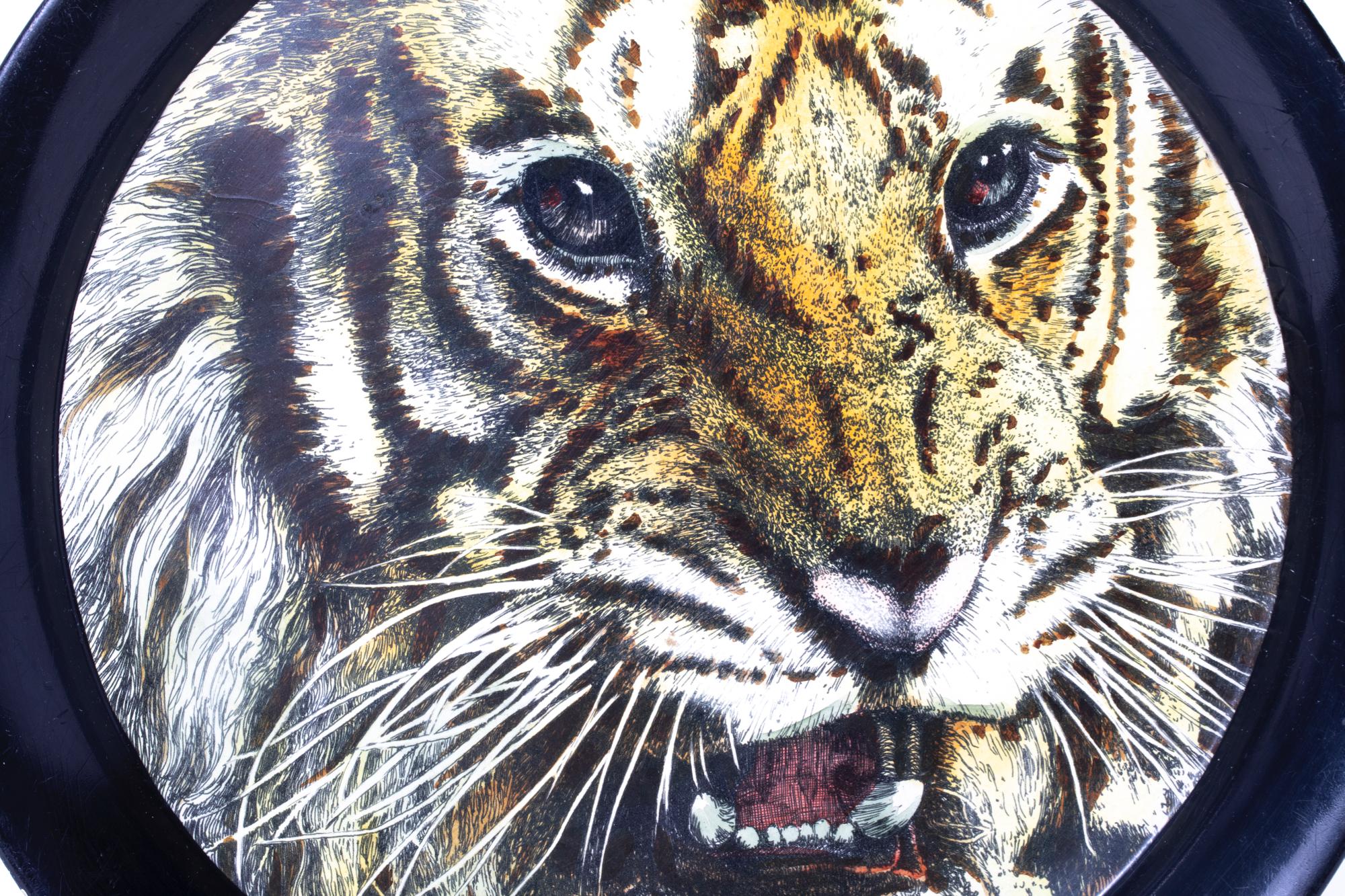 Rare and unusual enameled silkscreen serving tray depicting a regal & fierce tiger by Piero Fornasetti. Signed with a paper label to the verso.