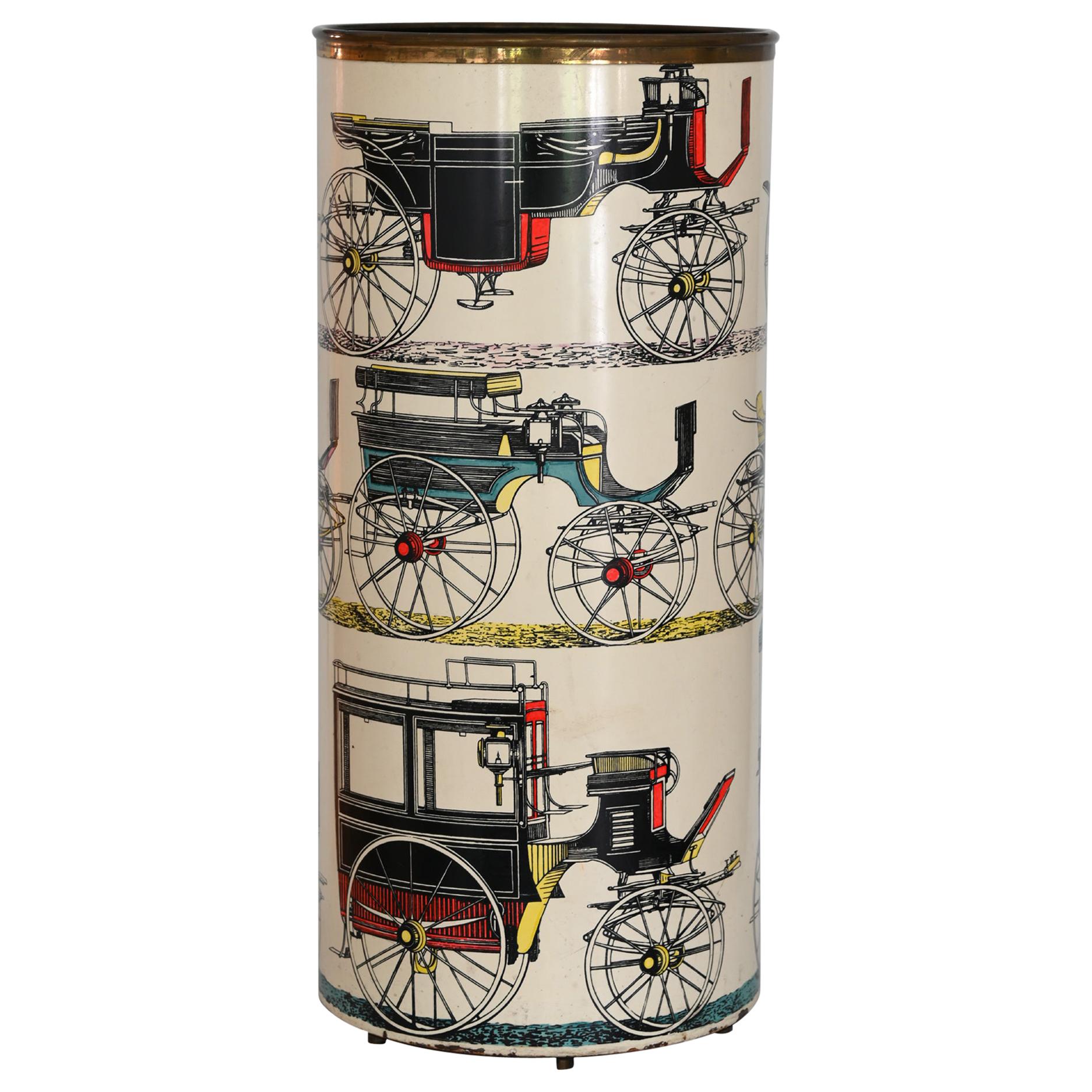 Piero Fornasetti Umbrella Stand with Coaches, Sheet Metal, Italy, 1960