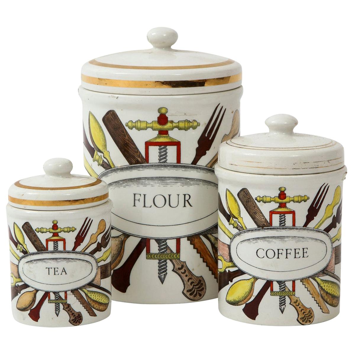 Piero Fornasetti Vintage Ceramic Canister Storage Jars, Italy Flour, Tea, 1960s For Sale