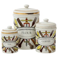 Piero Fornasetti Vintage Ceramic Canister Storage Jars, Italy Flour, Tea, 1960s
