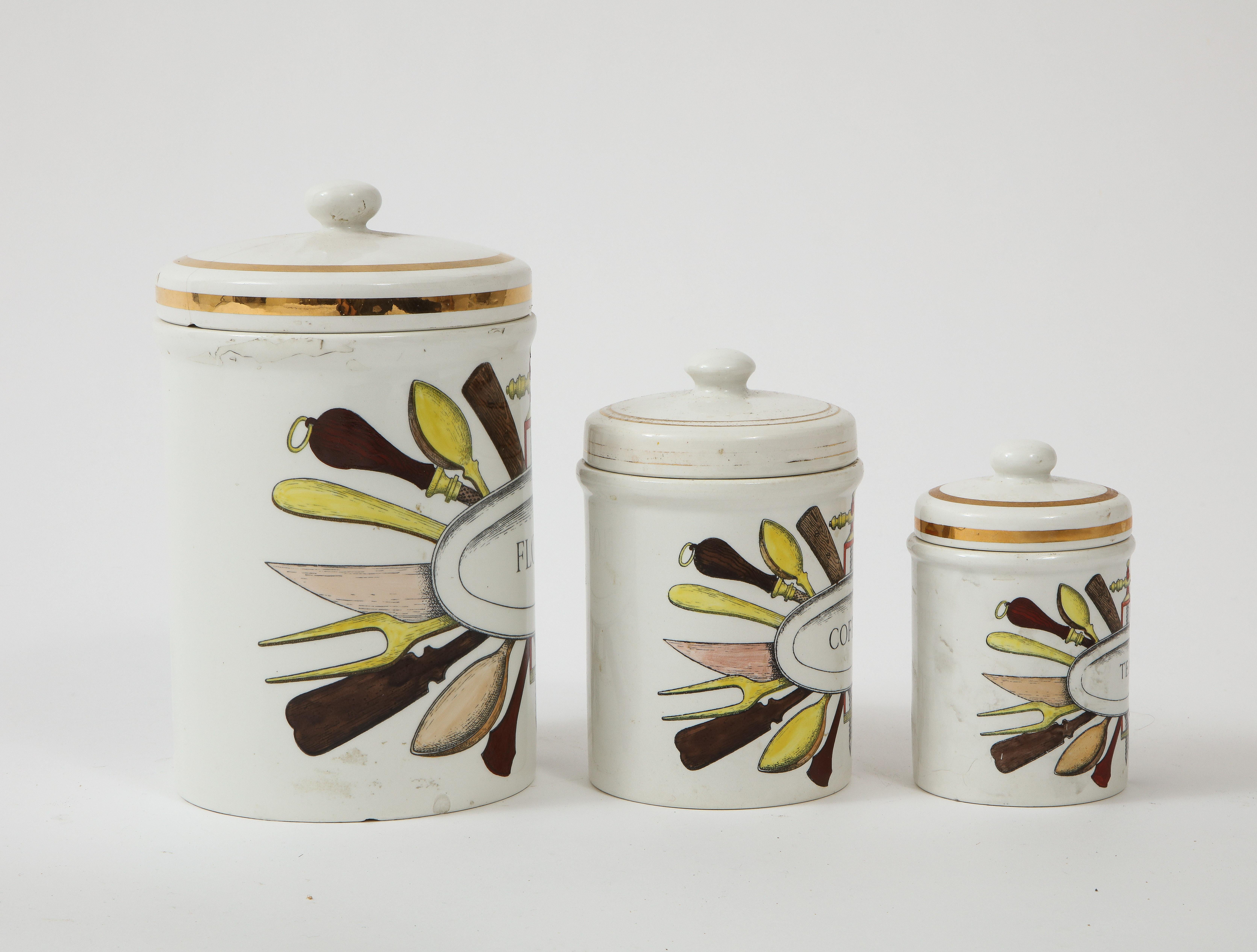 Piero Fornasetti Vintage Ceramic Canister Storage Jars, Italy Flour, Tea, 1960s For Sale 1