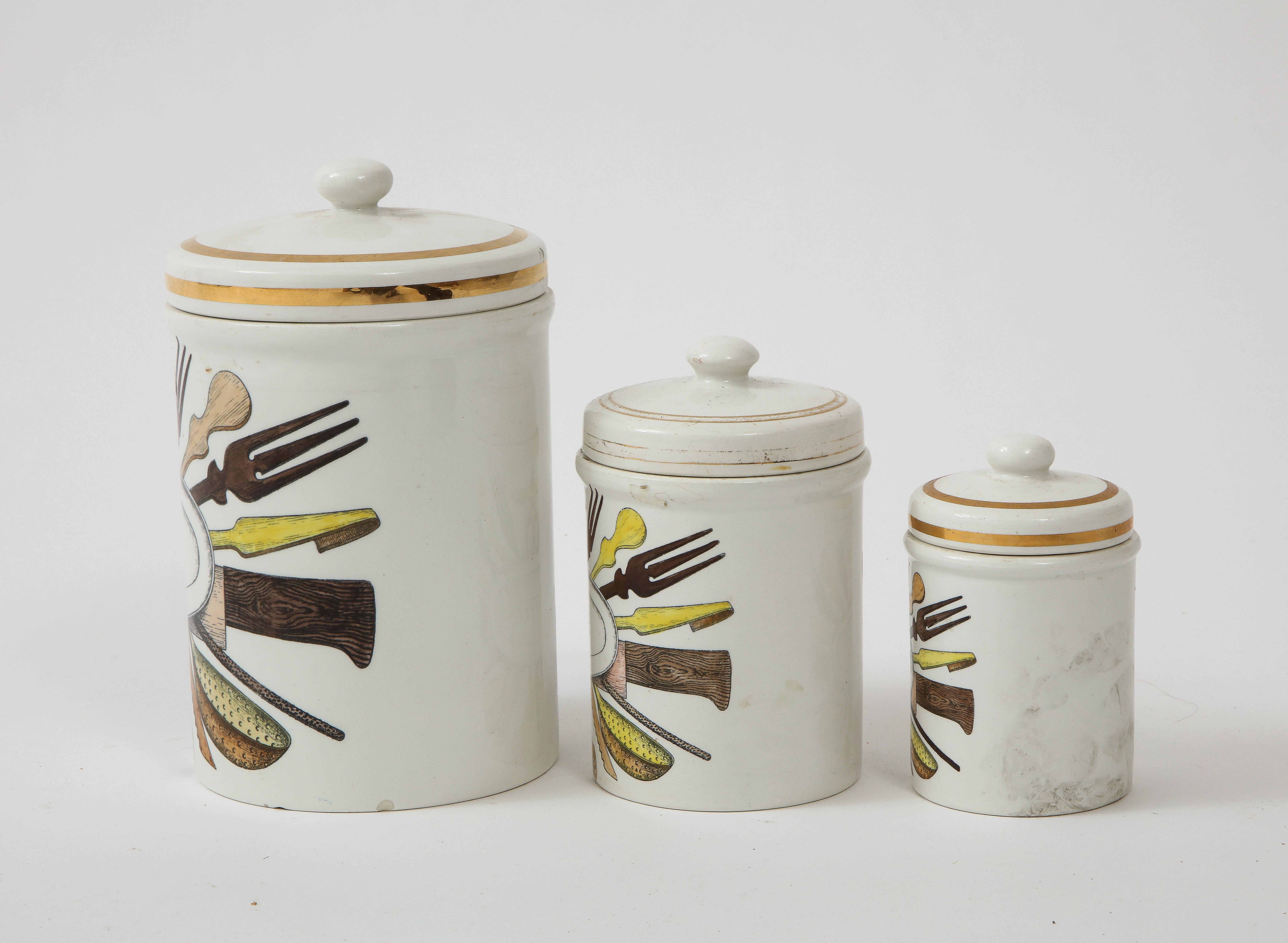 Piero Fornasetti Vintage Ceramic Canister Storage Jars, Italy Flour, Tea, 1960s For Sale 3