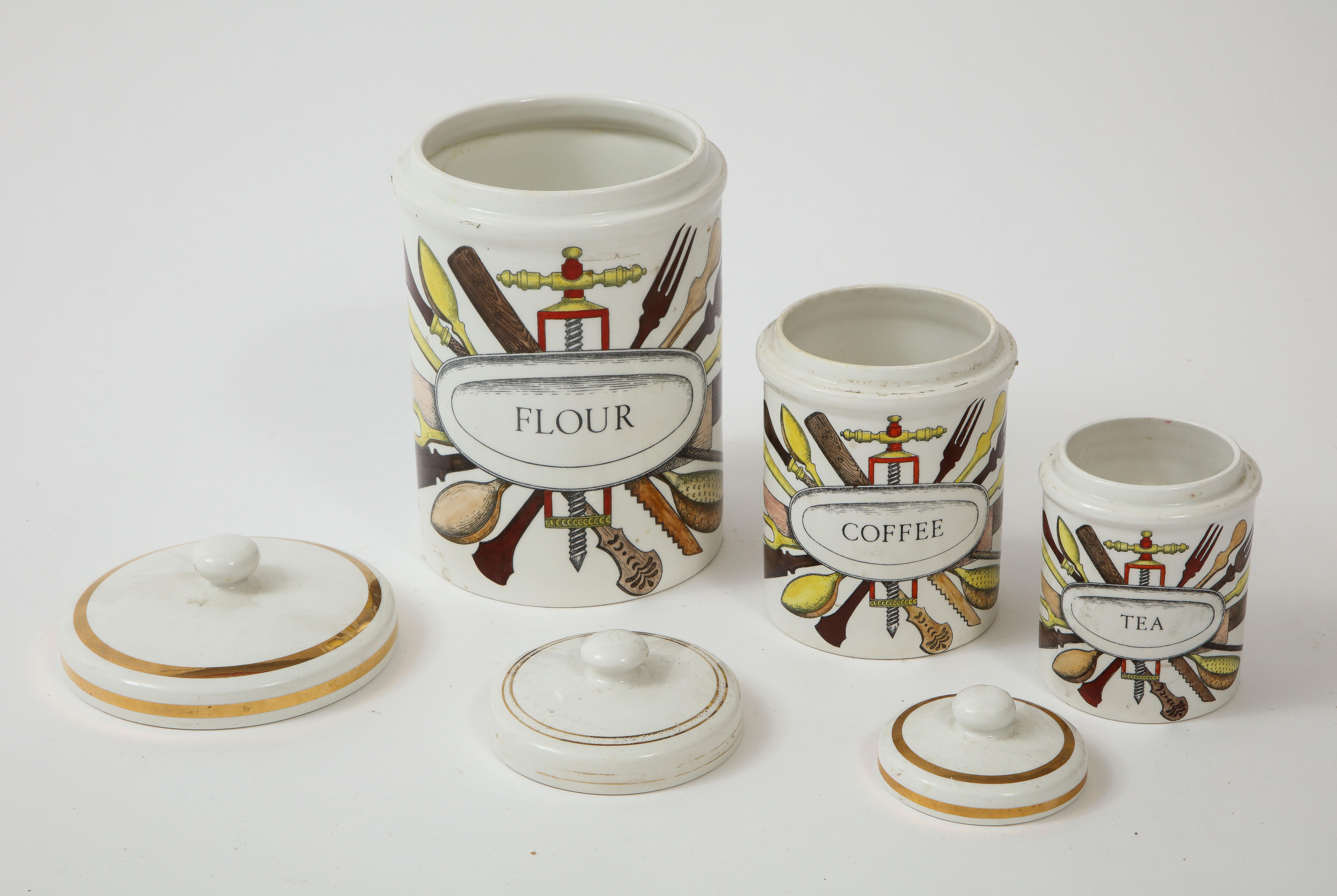 Mid-Century Modern Pots de rangement en céramique vintage Piero Fornasetti, Italie, farine, thé, années 1960 en vente