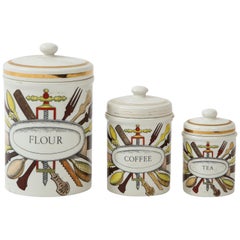 Piero Fornasetti Vintage Ceramic Canister Storage Jars, Italy Flour, Tea, 1960s