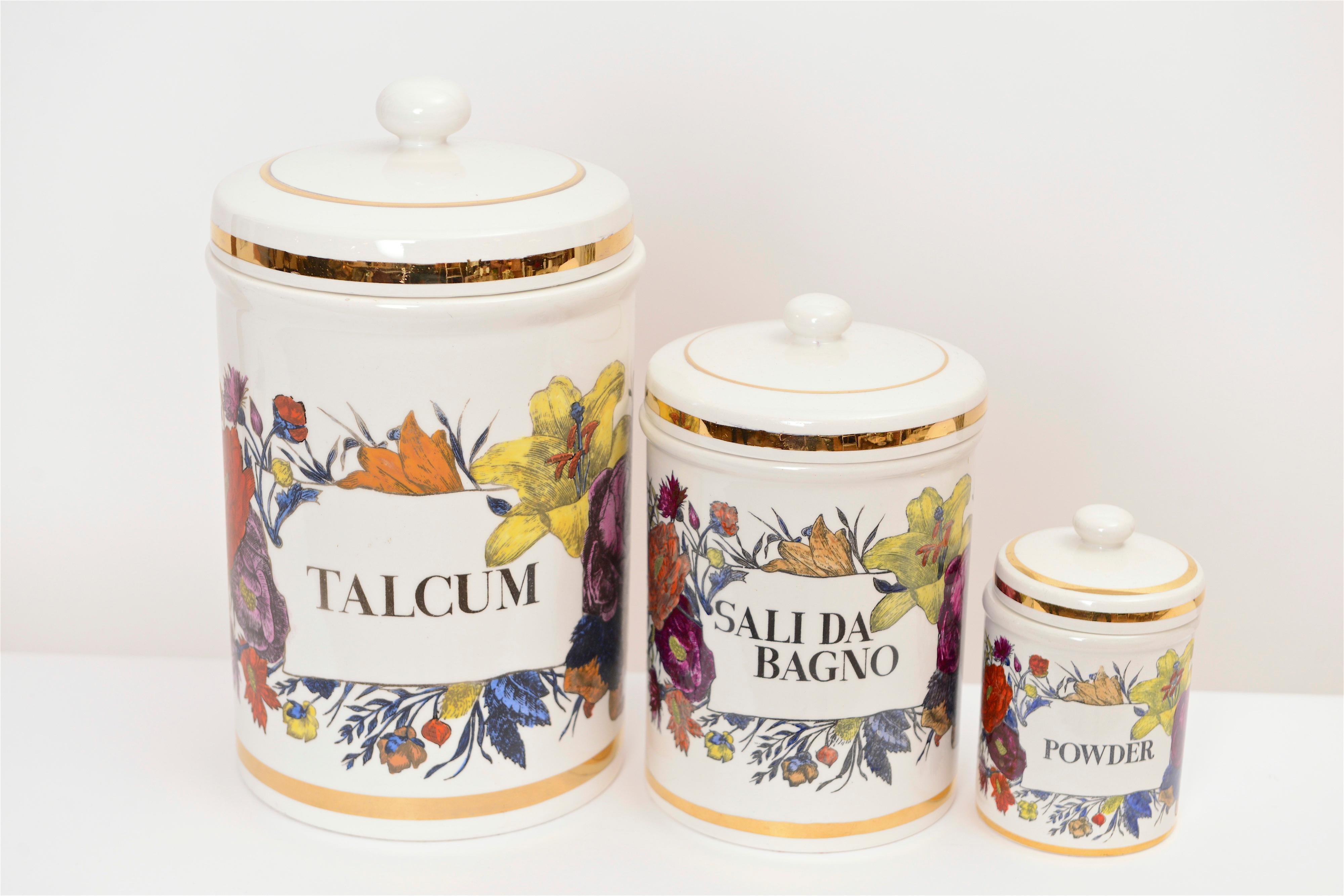 A wonderful collection of three ceramic storage jars designed by Piero Fornasetti, circa 1960. These highly decorative pieces feature hand-coloured floral transfers within the glaze whilst the contents labels read… ‘Talcum’, ‘Sali Da Bagno’ and