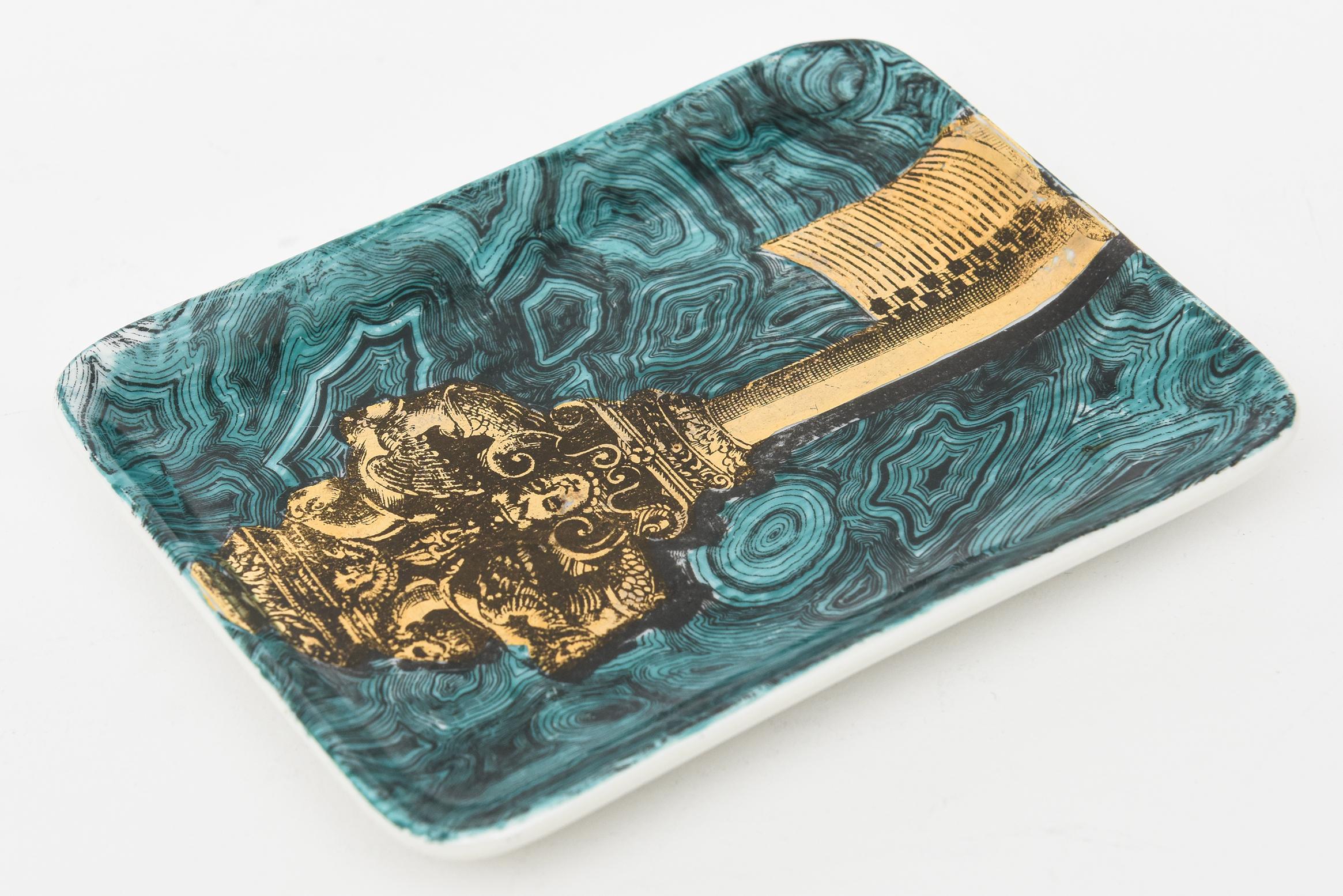 Mid-Century Modern Piero Fornasetti Vintage Gilded Key and Malachite Swirl Porcelain Small Tray For Sale
